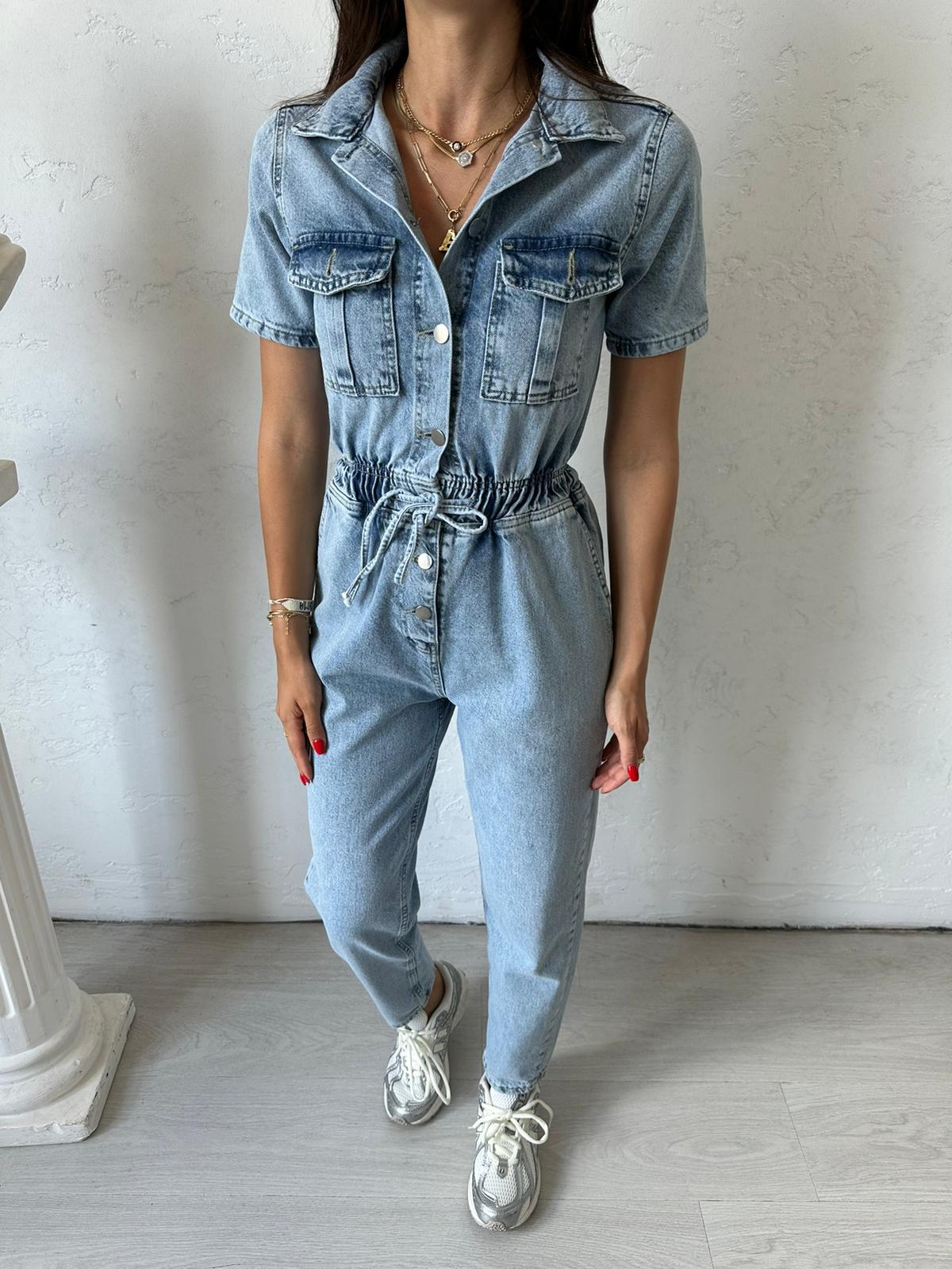 Mavi Taşlanmış Beli Büzgülü Kot Tulum