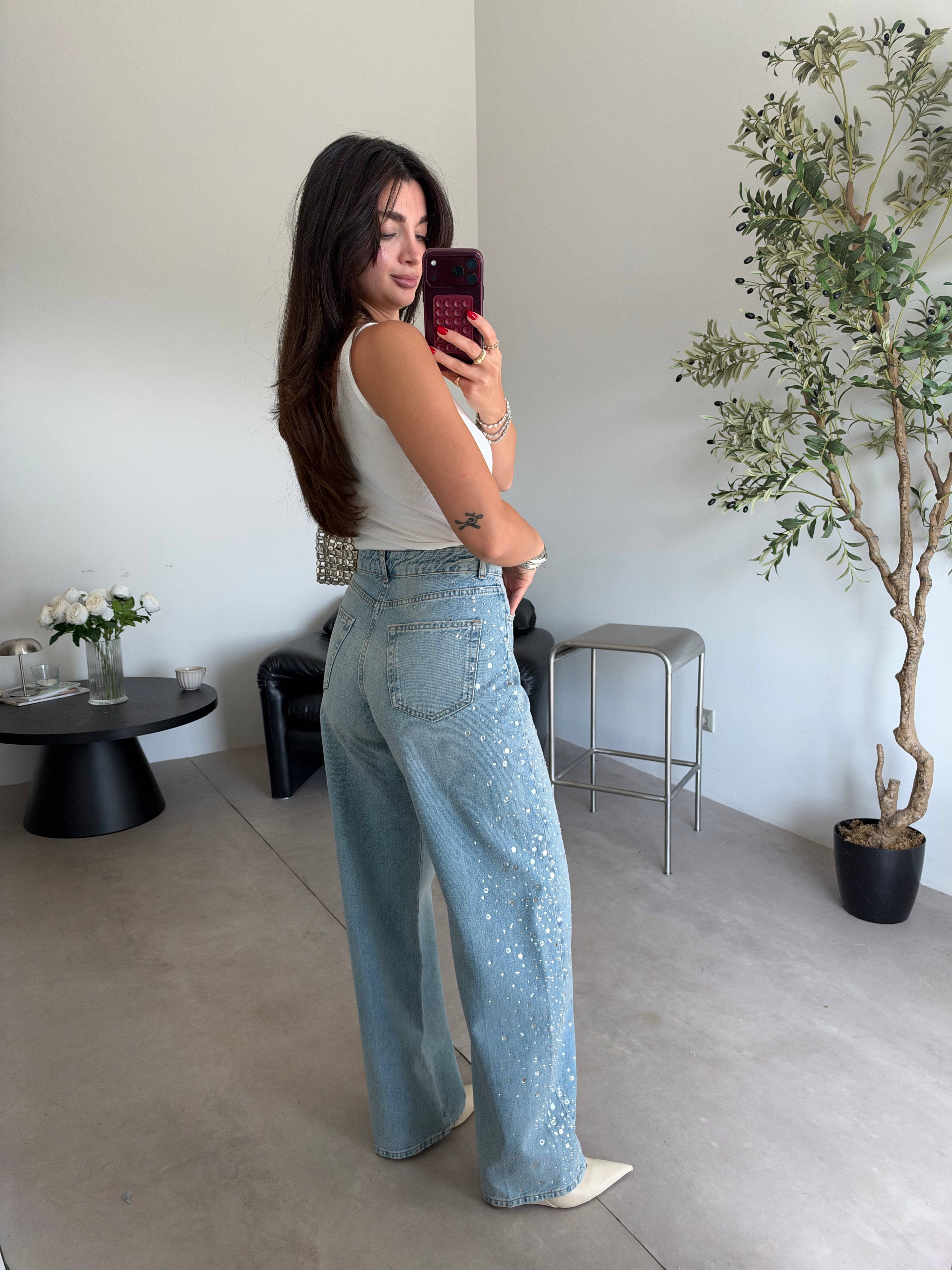 Mavi Taşlı Baggy Jean