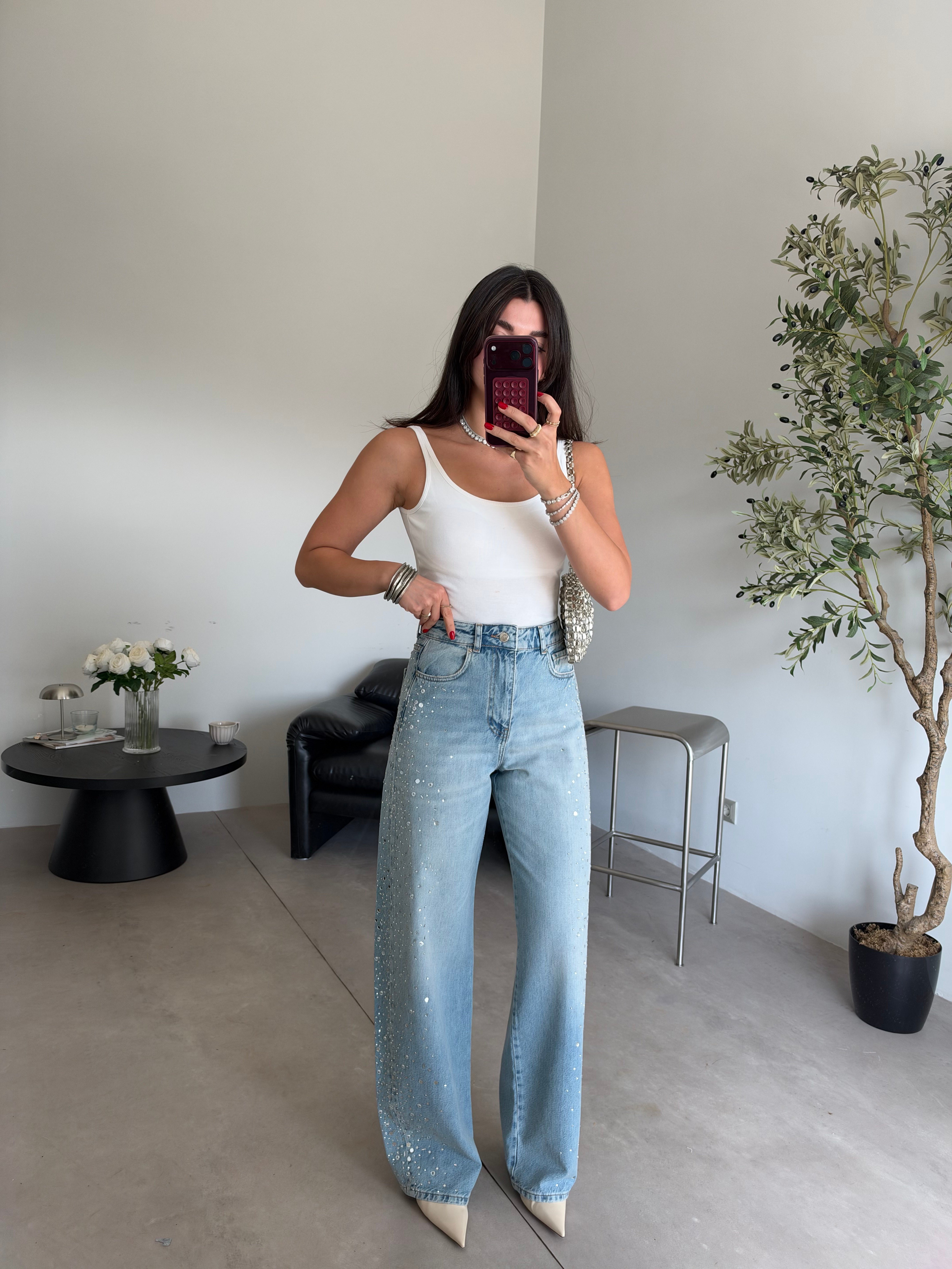 Mavi Taşlı Baggy Jean