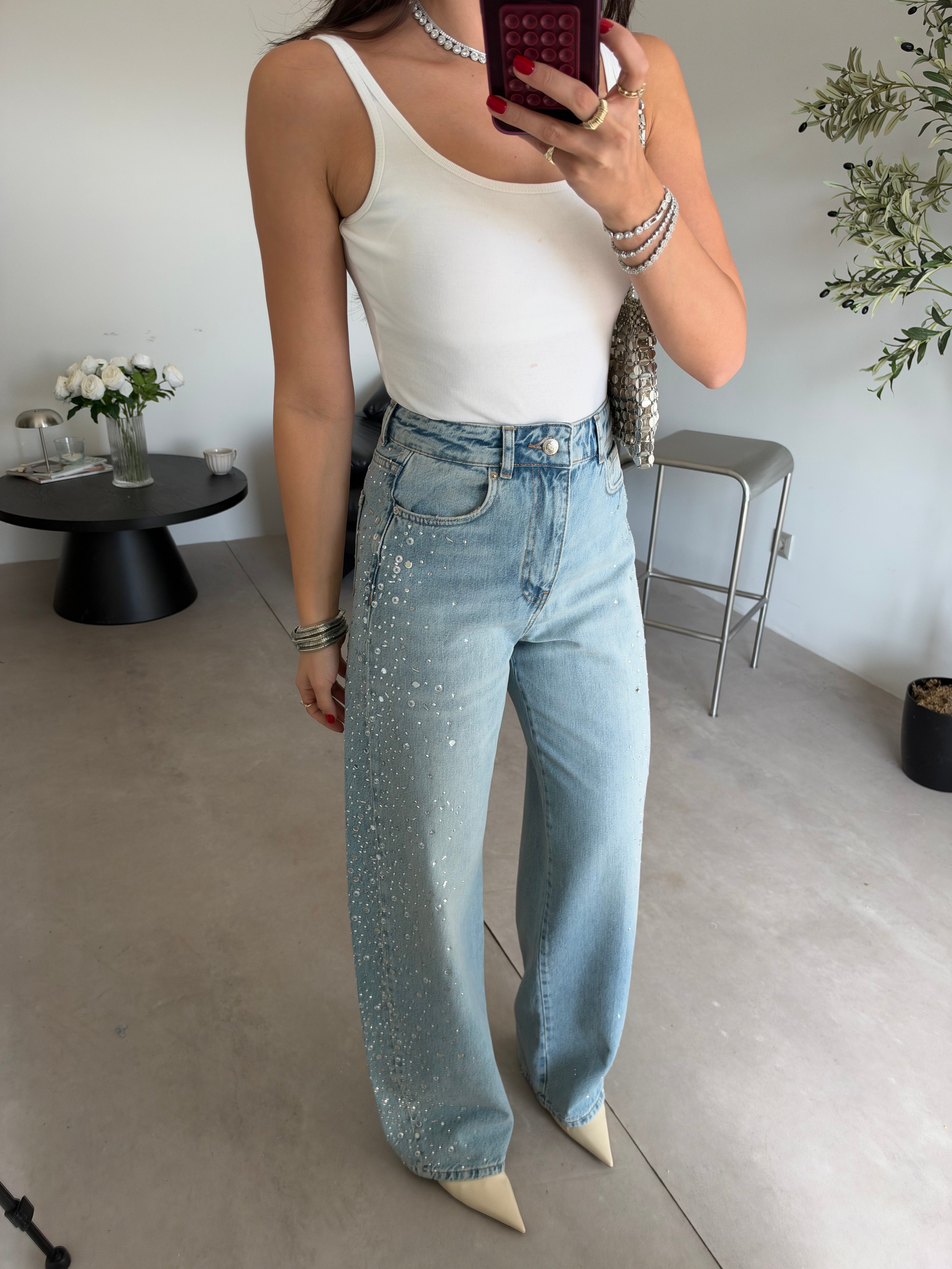 Mavi Taşlı Baggy Jean