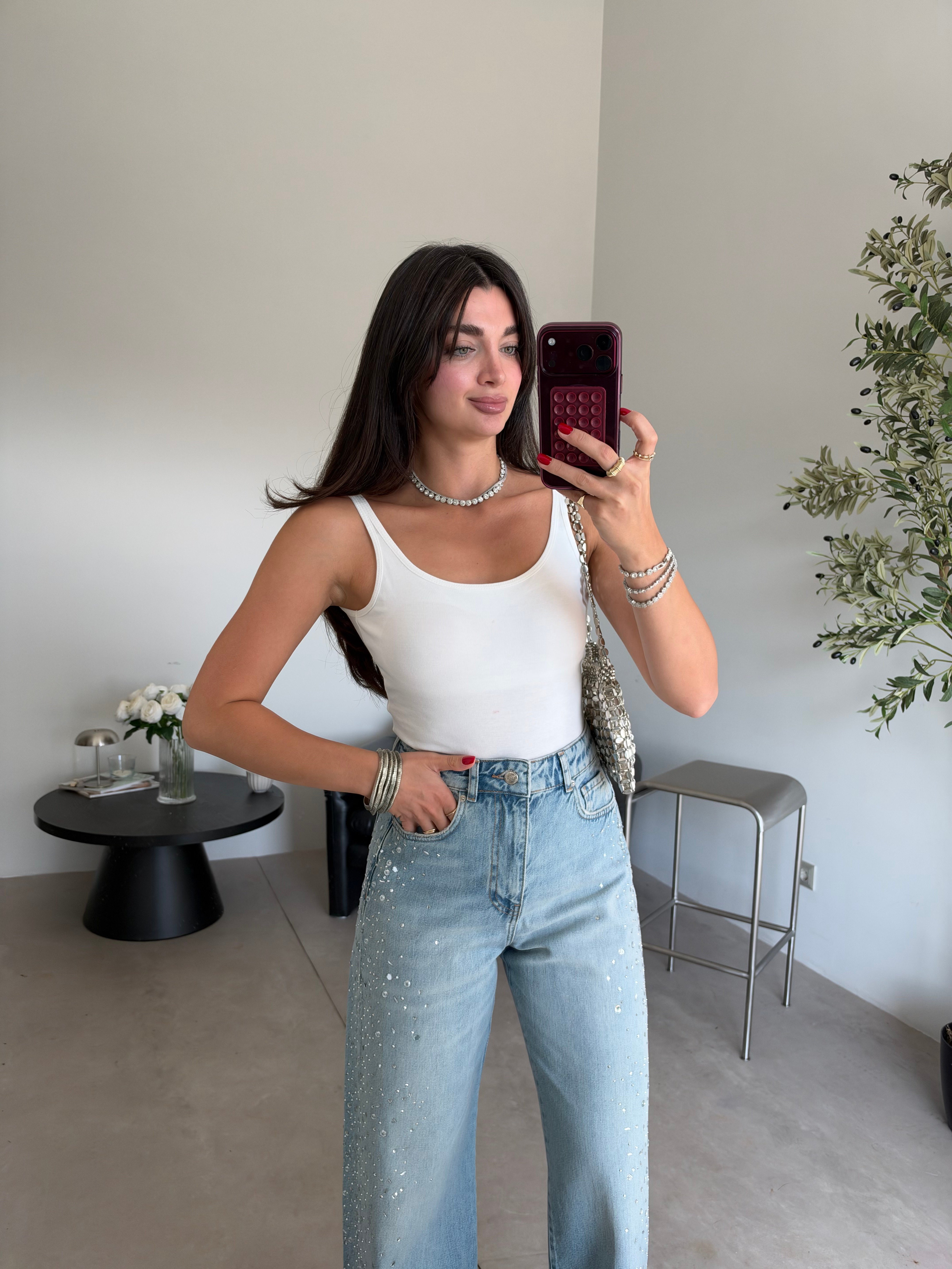 Mavi Taşlı Baggy Jean