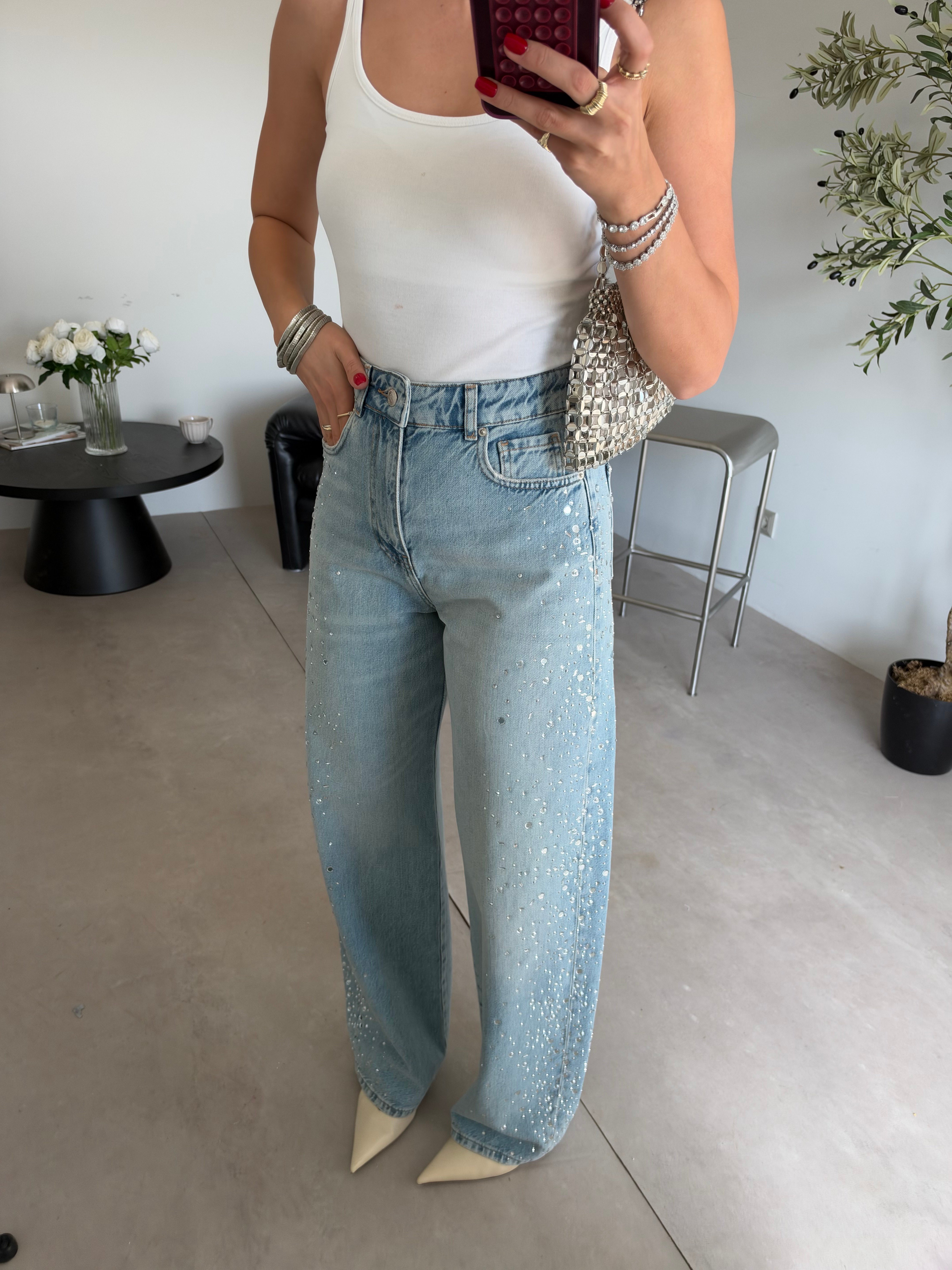 Mavi Taşlı Baggy Jean