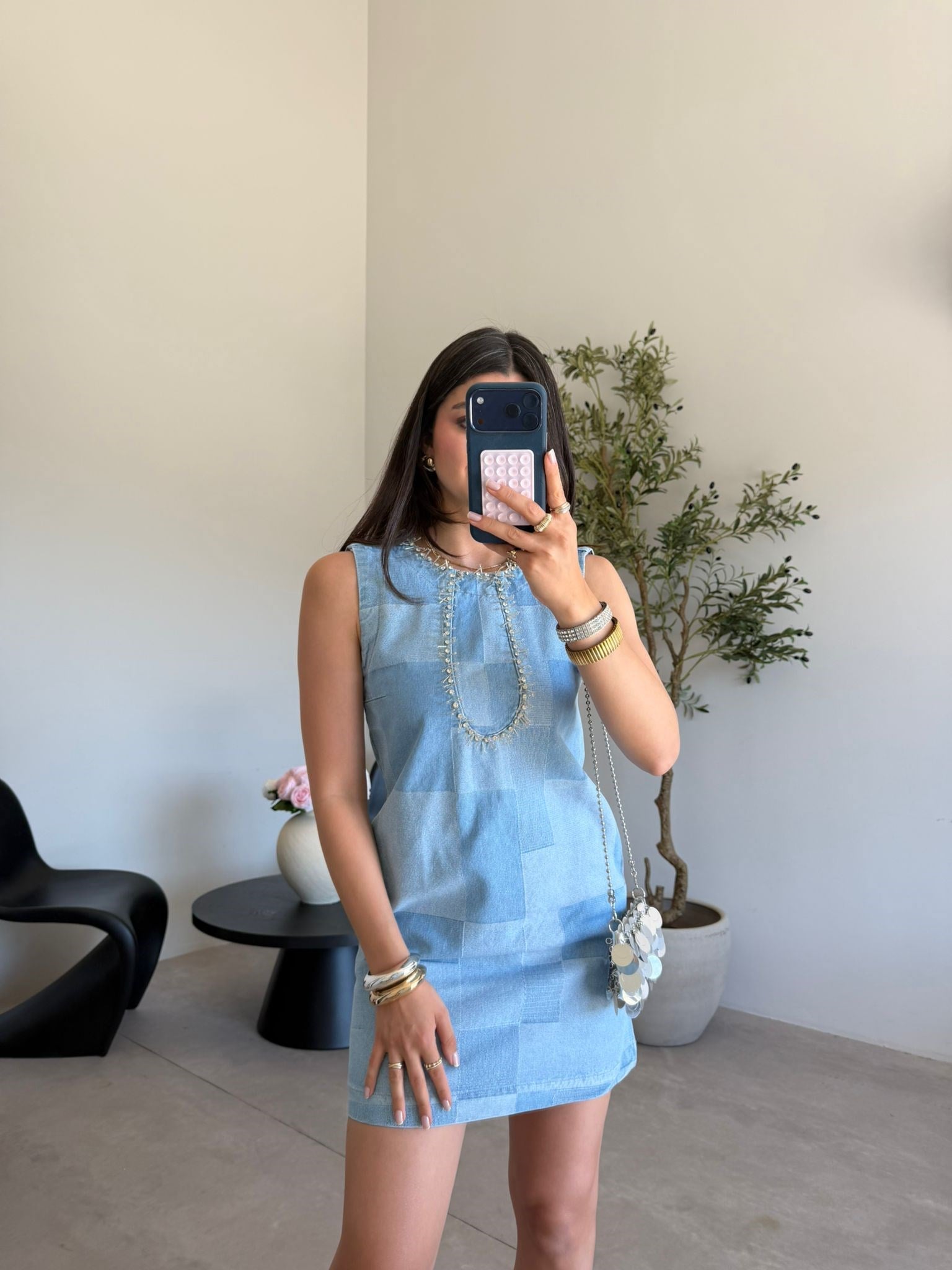 Mavi Taşlı Cepli Denim Elbise