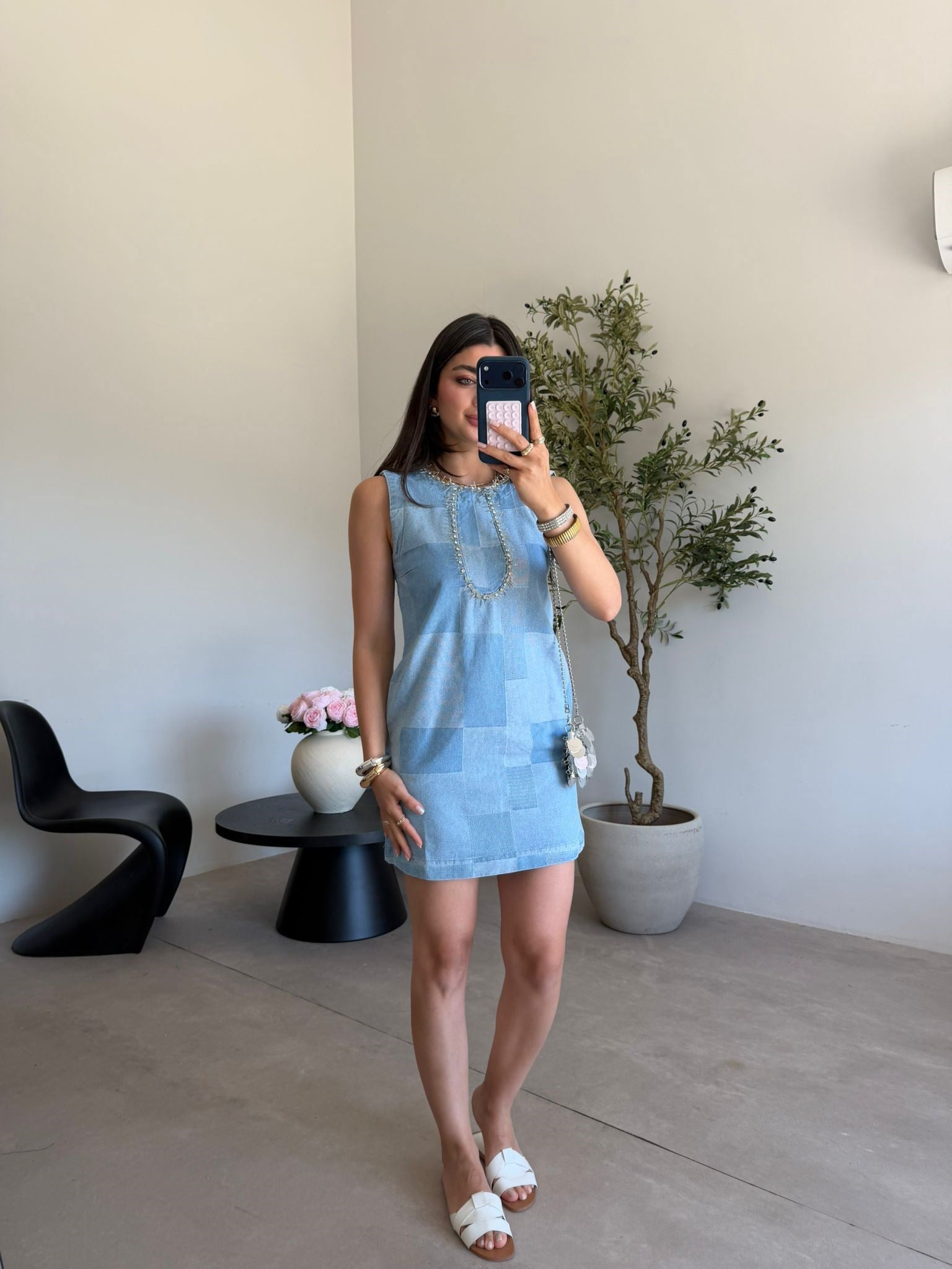 Mavi Taşlı Cepli Denim Elbise