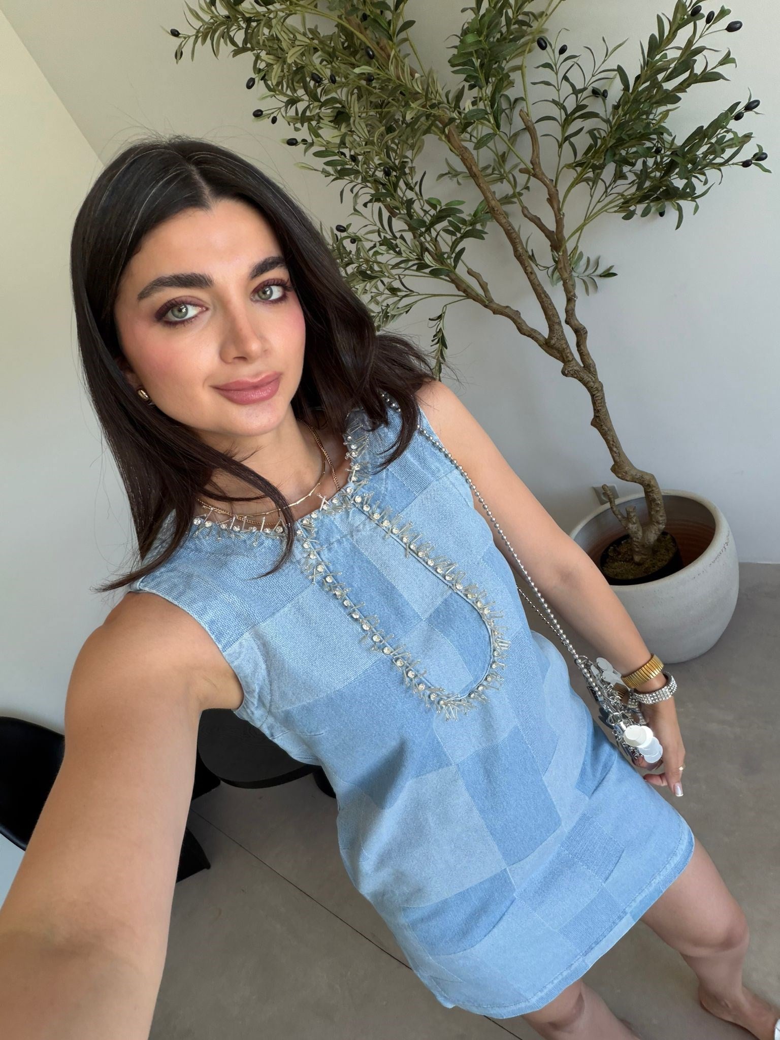 Mavi Taşlı Cepli Denim Elbise