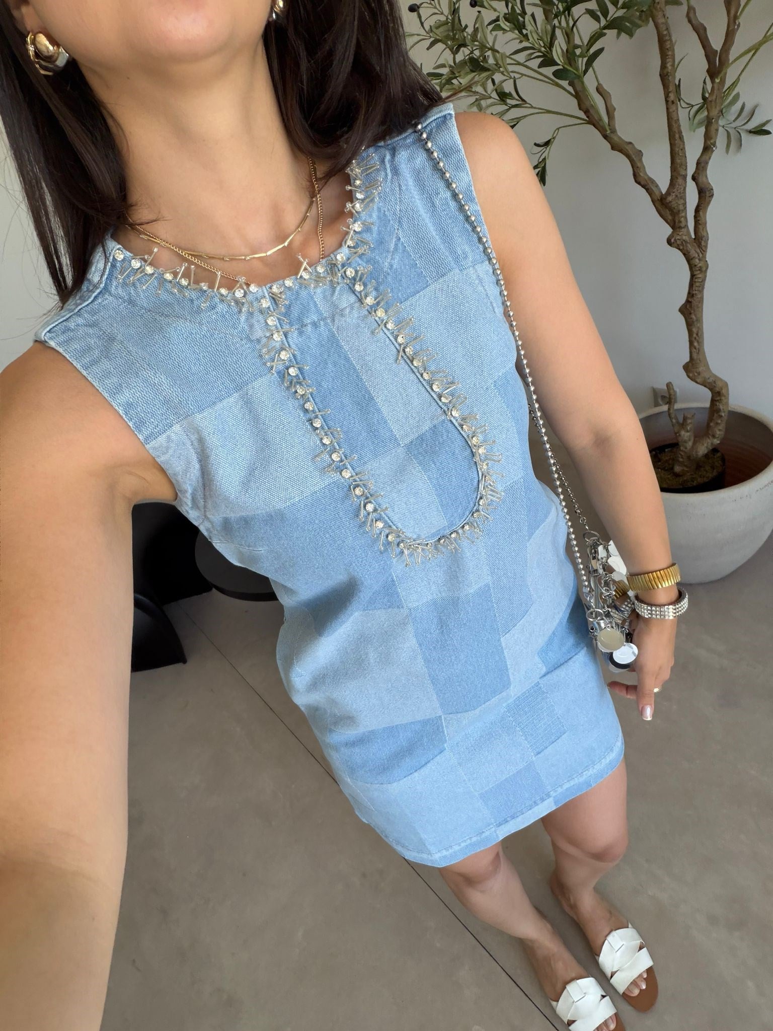 Mavi Taşlı Cepli Denim Elbise