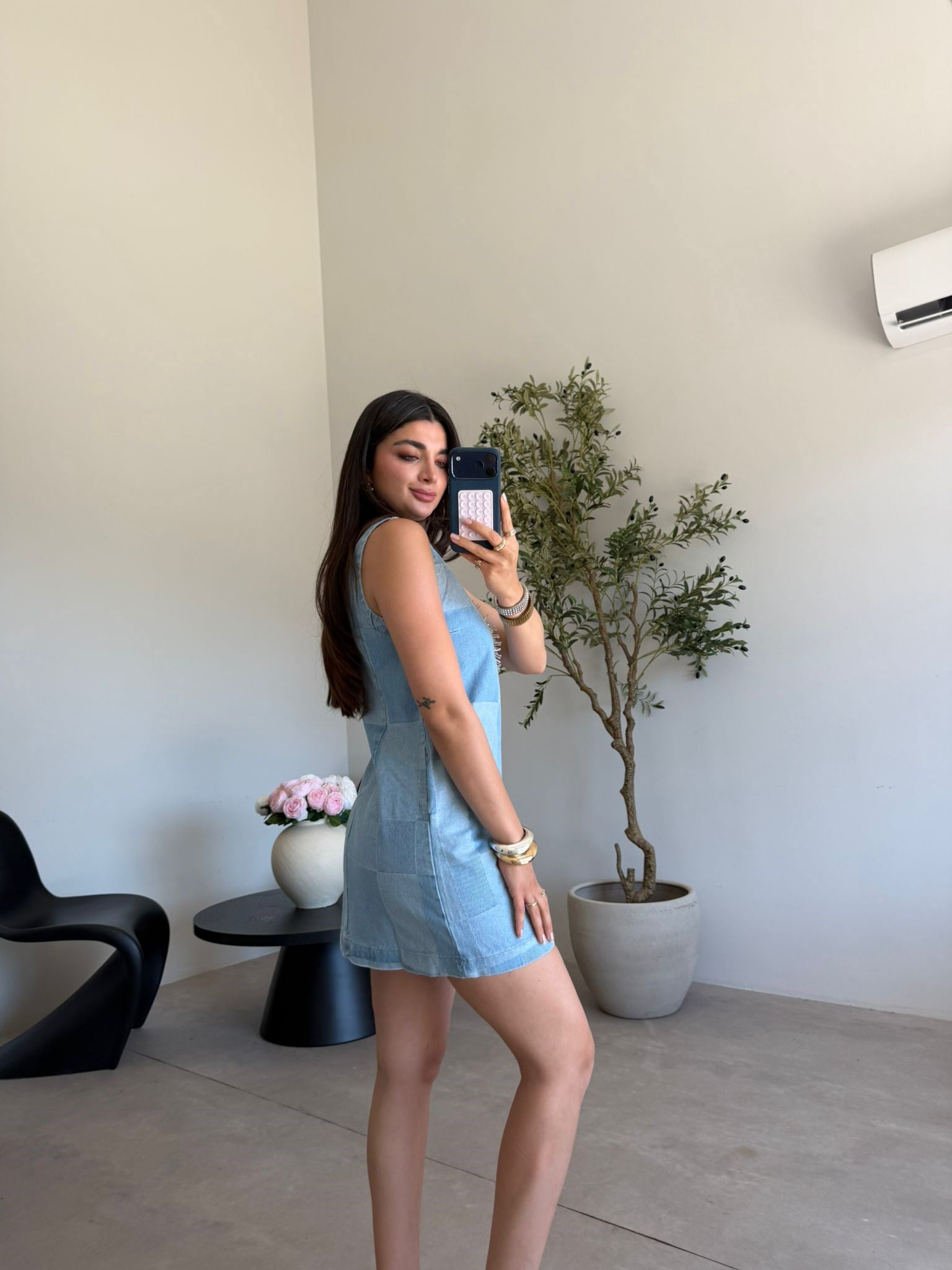 Mavi Taşlı Cepli Denim Elbise