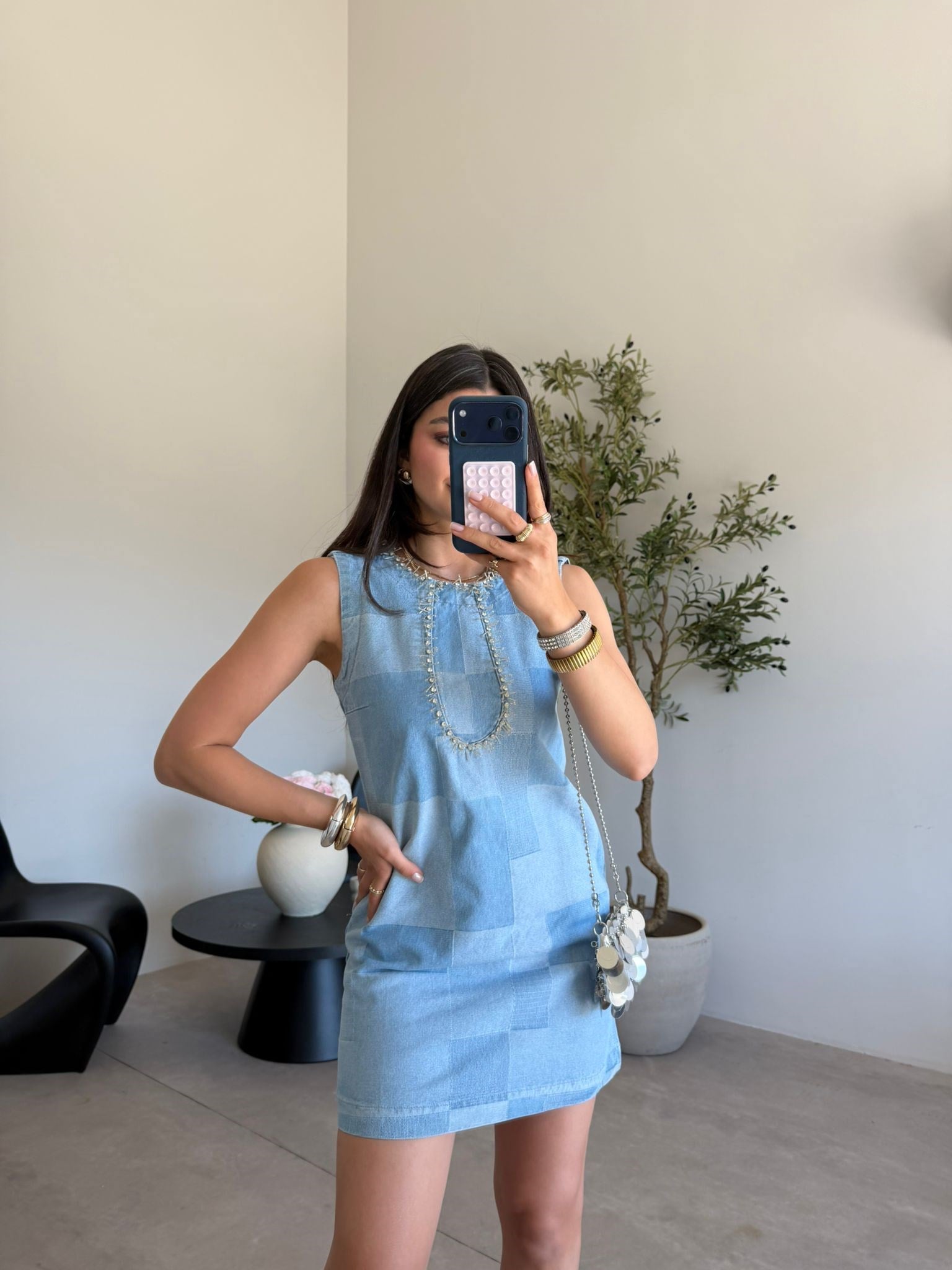 Mavi Taşlı Cepli Denim Elbise