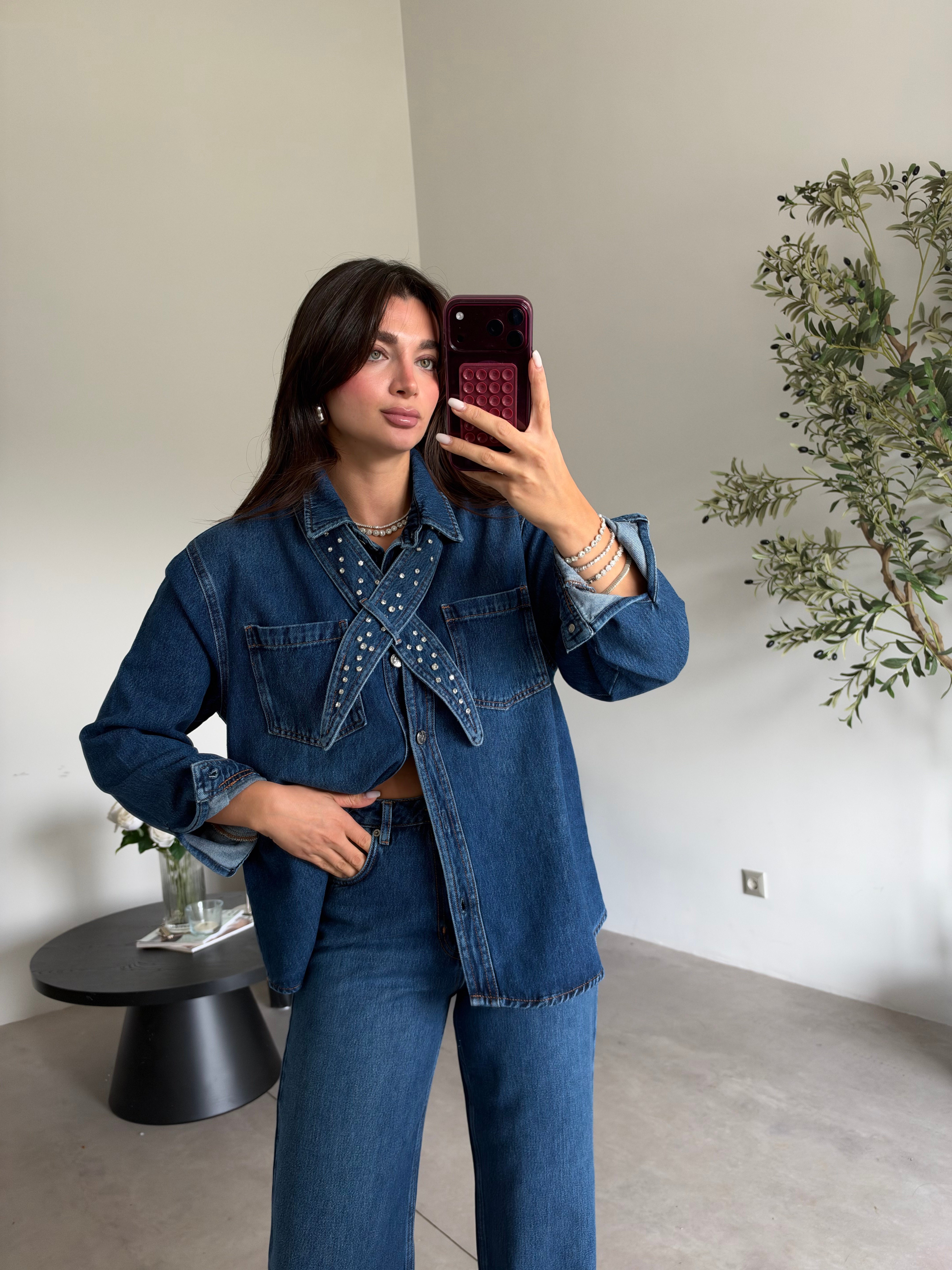 Mavi Yakası Taşlı Palazzo Denim Takım