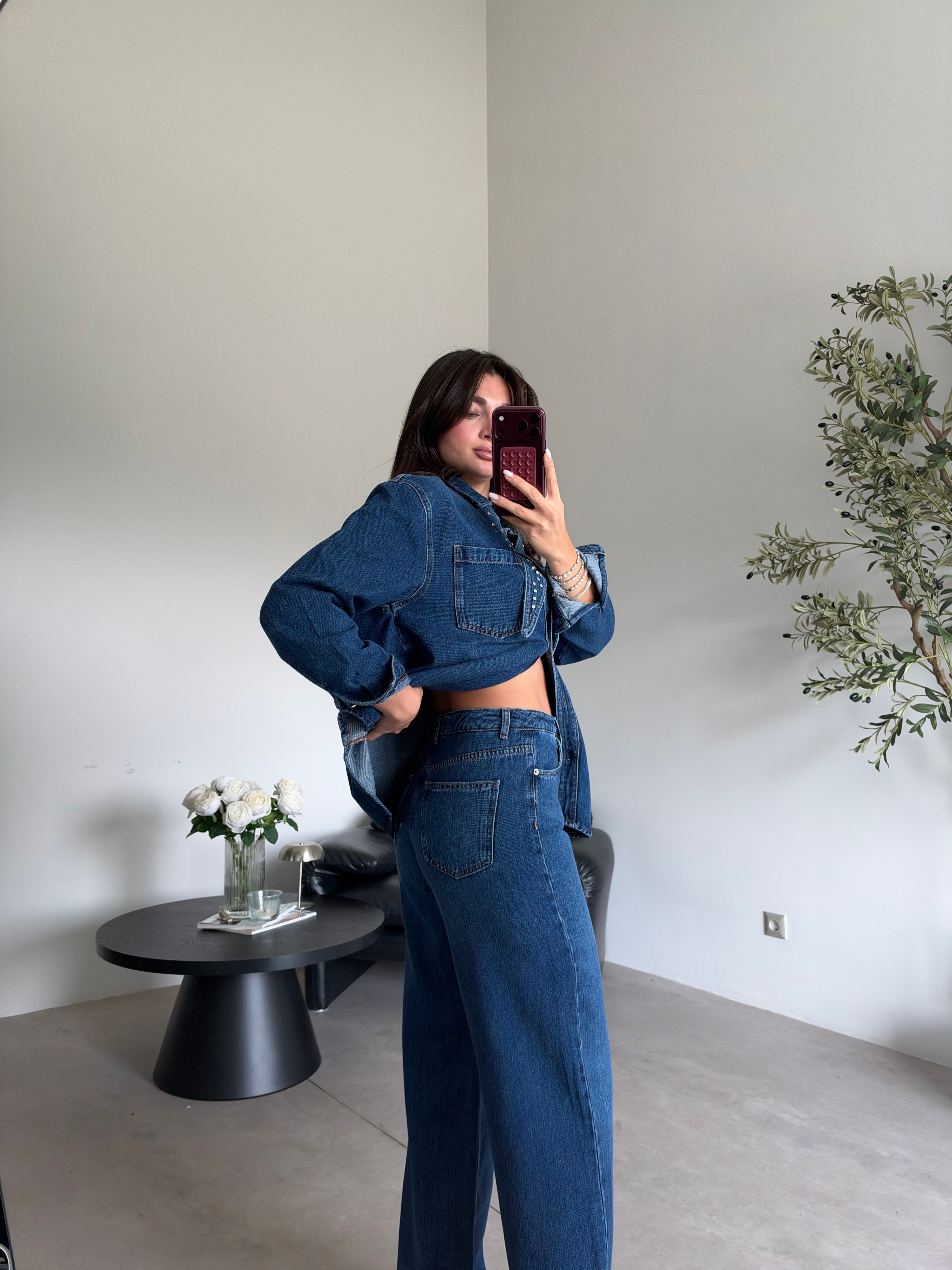Mavi Yakası Taşlı Palazzo Denim Takım