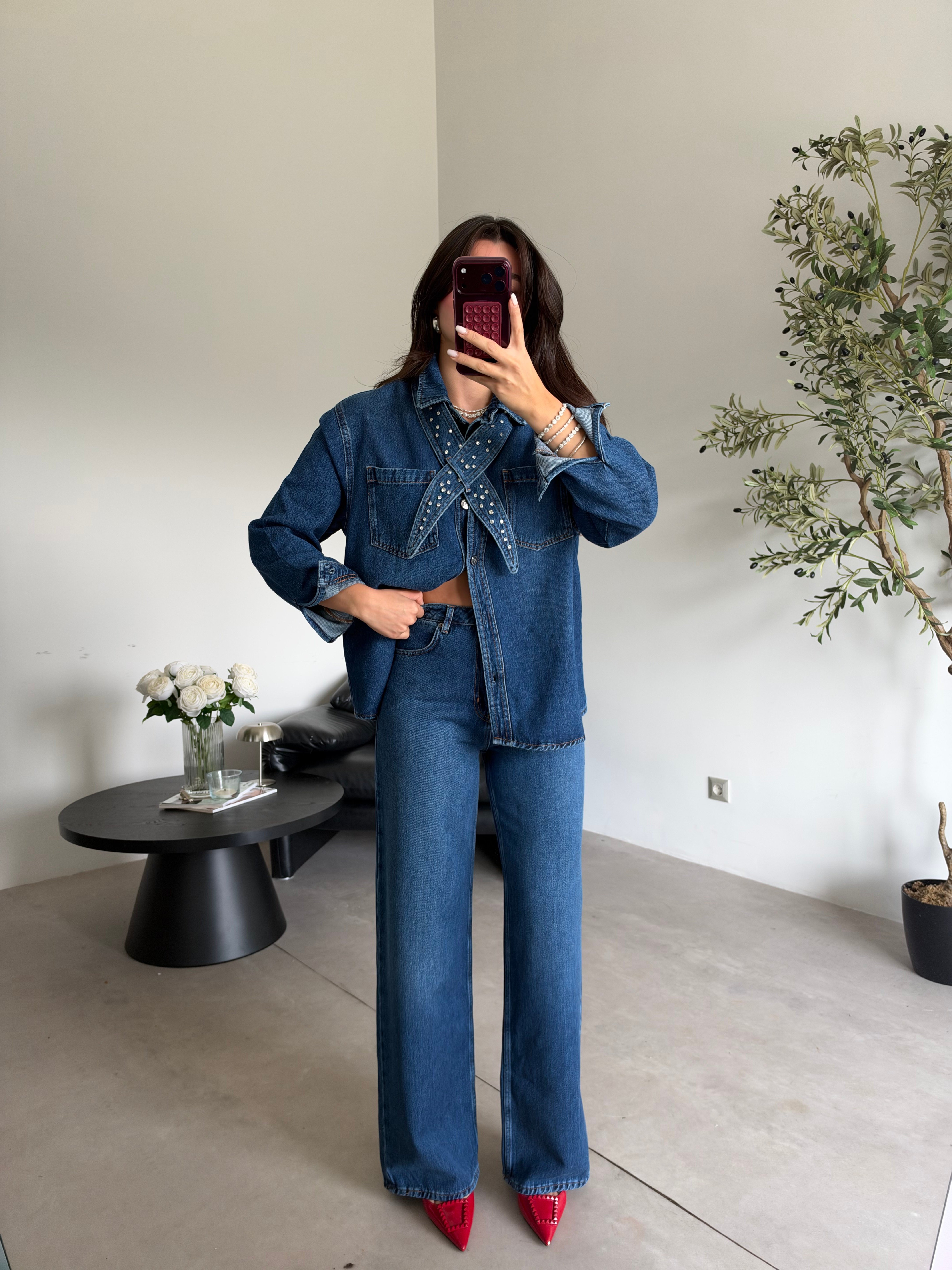 Mavi Yakası Taşlı Palazzo Denim Takım