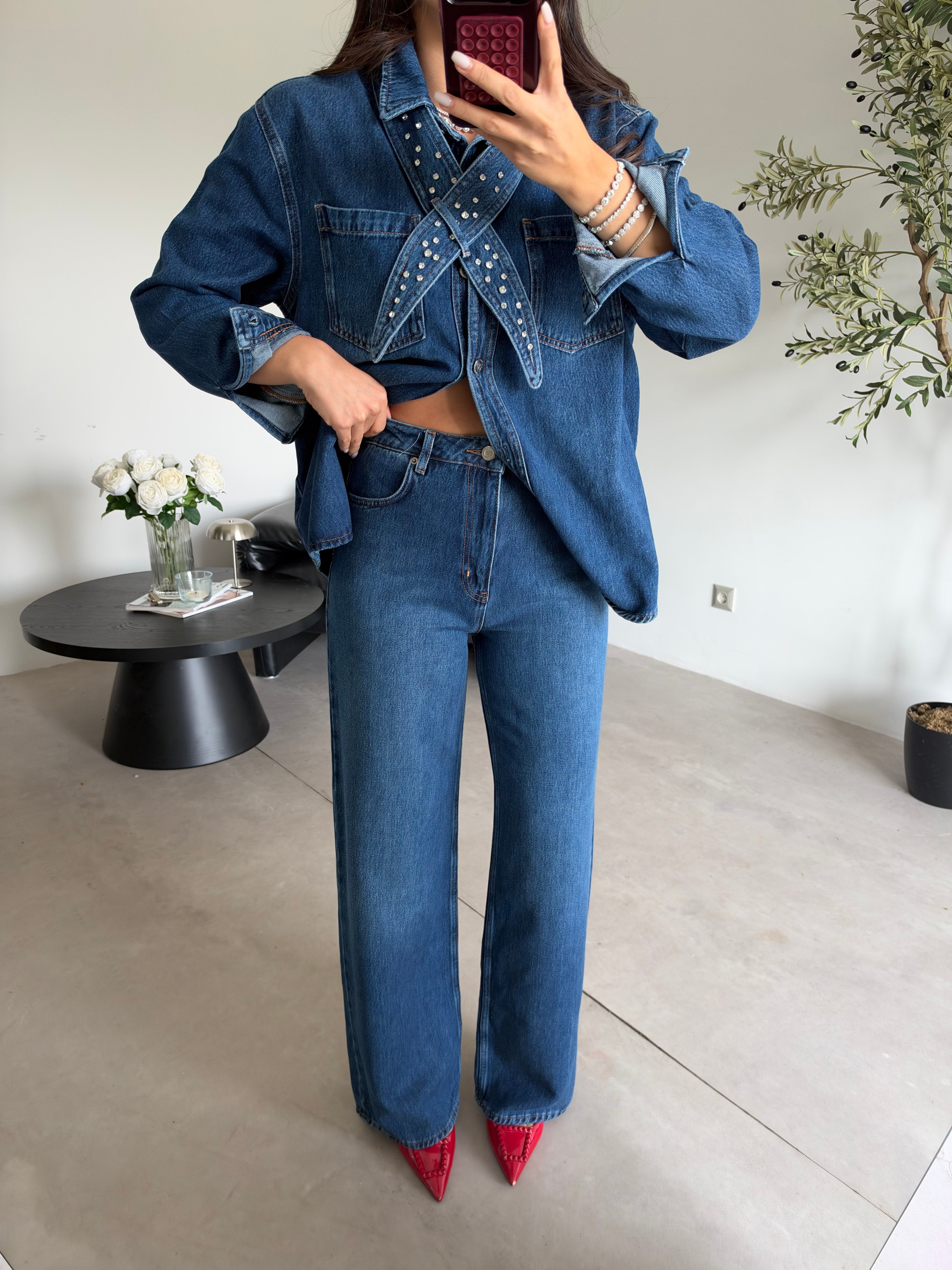Mavi Yakası Taşlı Palazzo Denim Takım