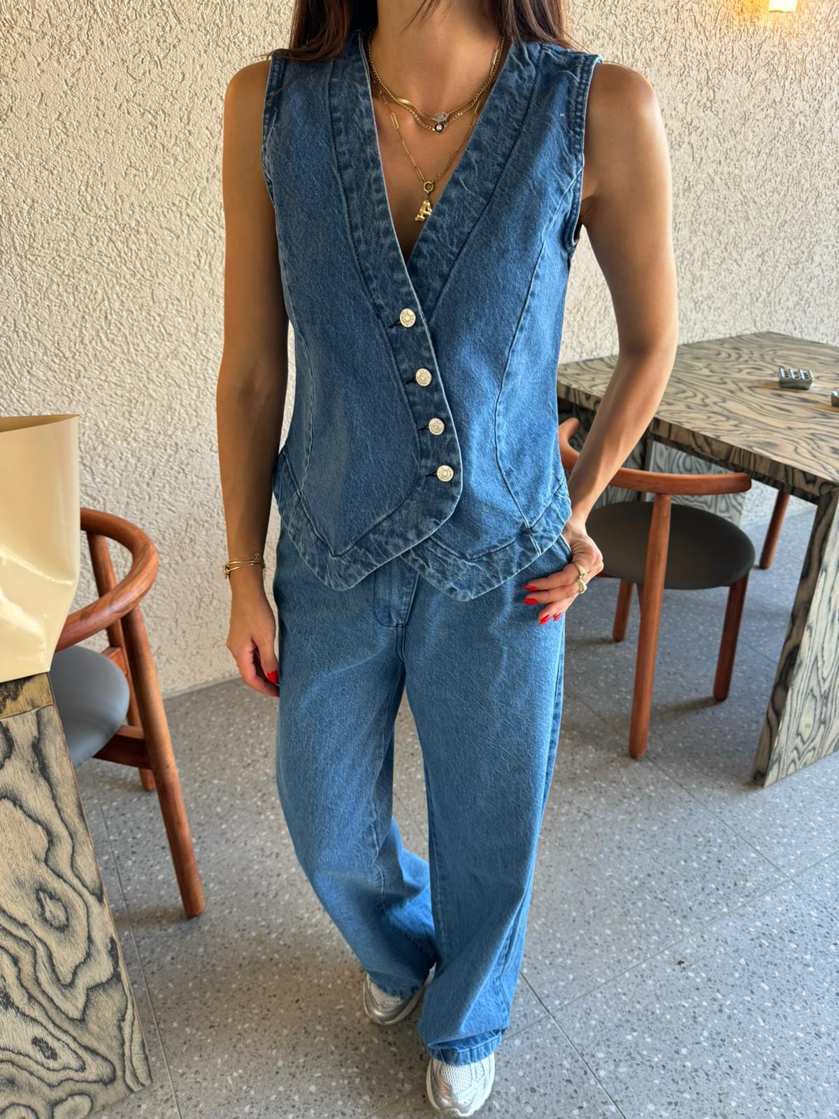 Mavi Yelekli Denim Takım