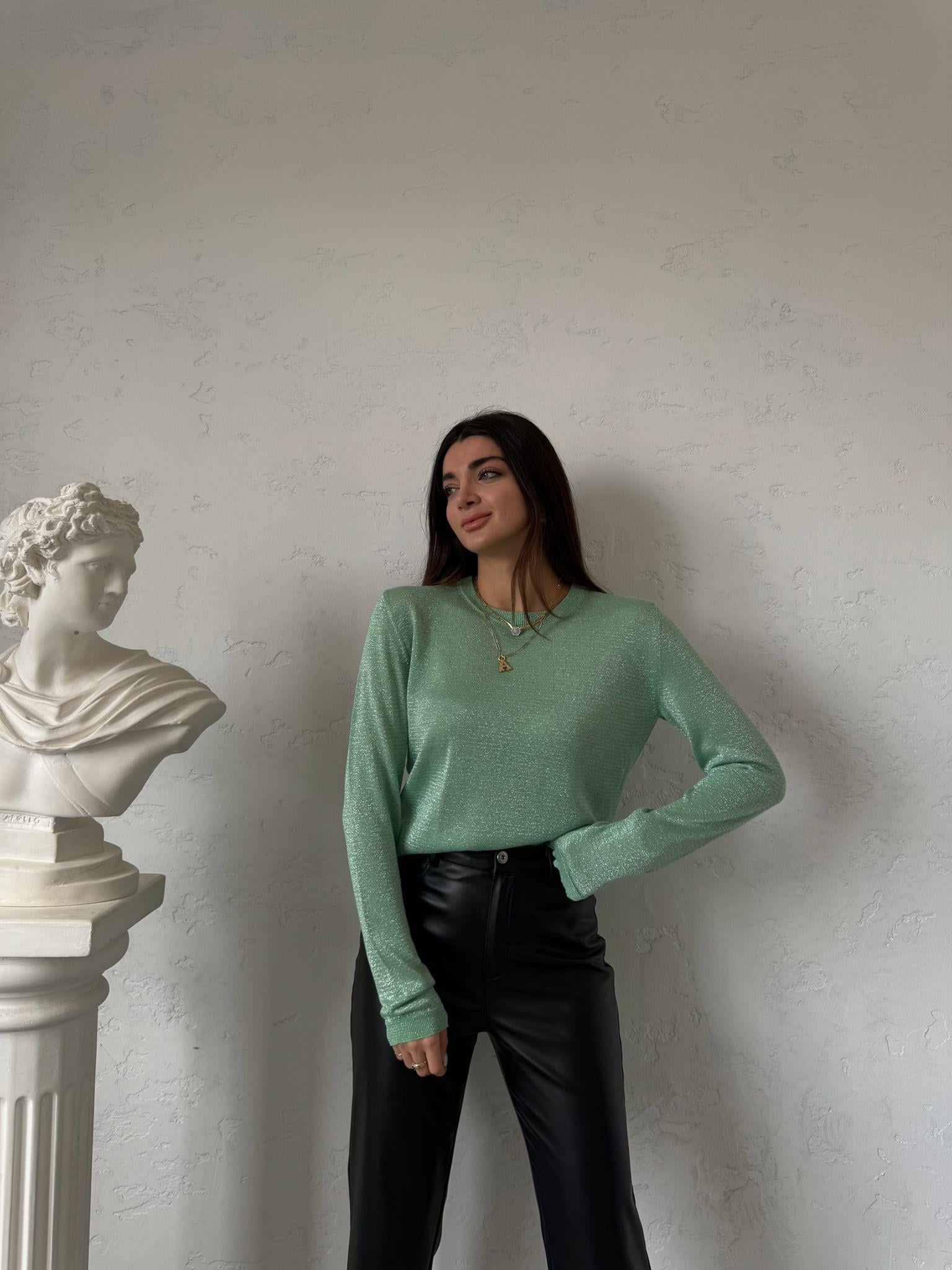 Mint Yeşili Simli Bisiklet Yaka Kazak 