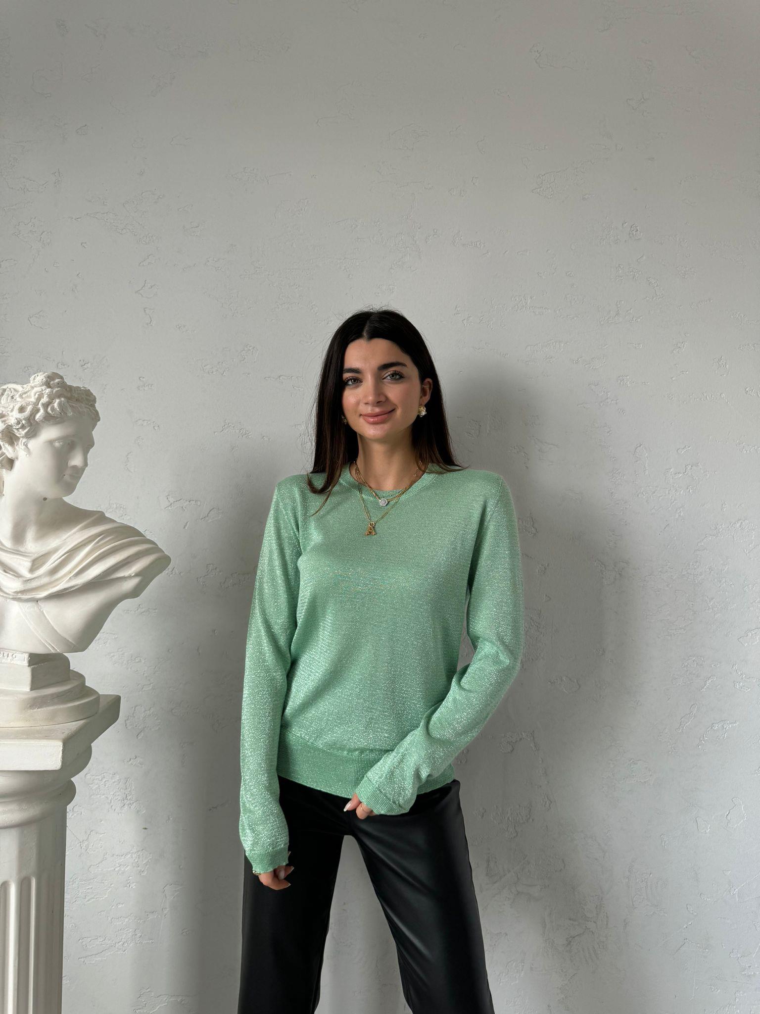 Mint Yeşili Simli Bisiklet Yaka Kazak 