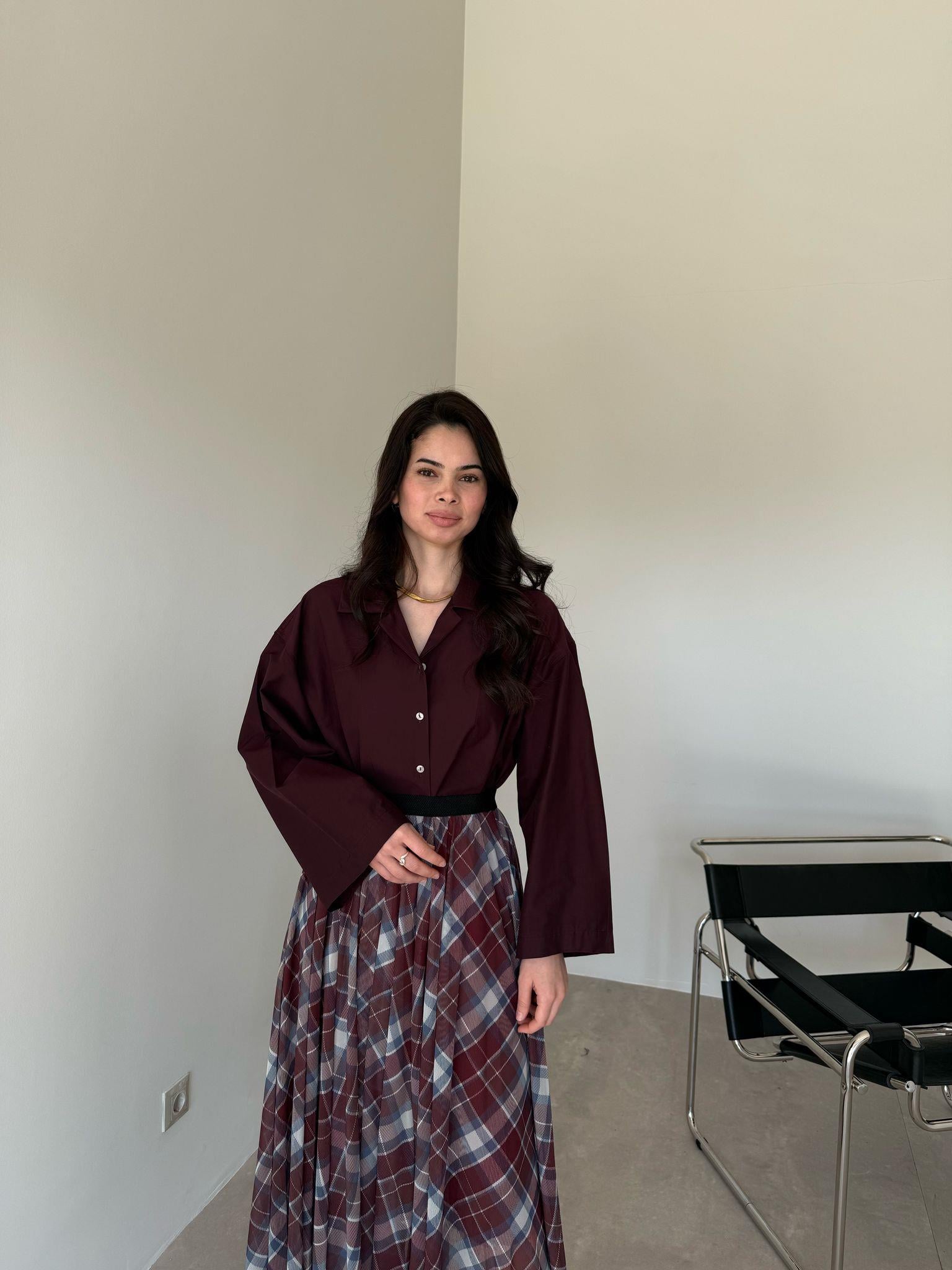 Mürdüm Dikiş Detaylı Oversize Gömlek
