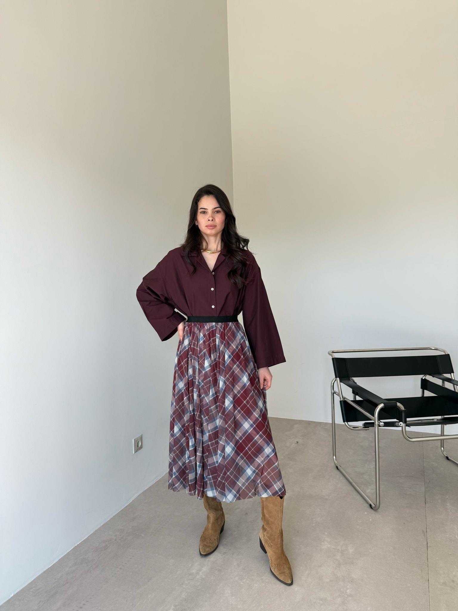 Mürdüm Dikiş Detaylı Oversize Gömlek