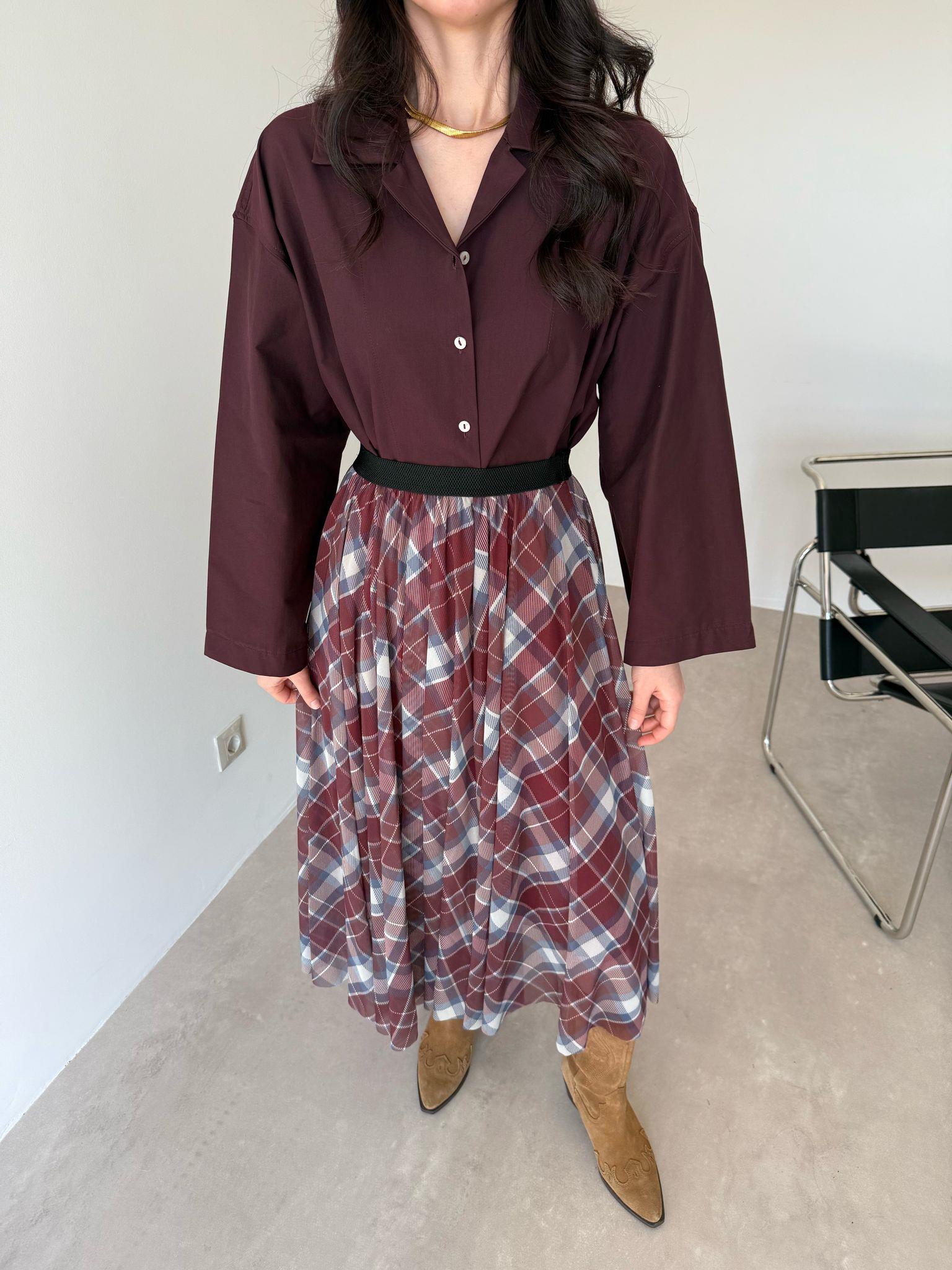 Mürdüm Dikiş Detaylı Oversize Gömlek