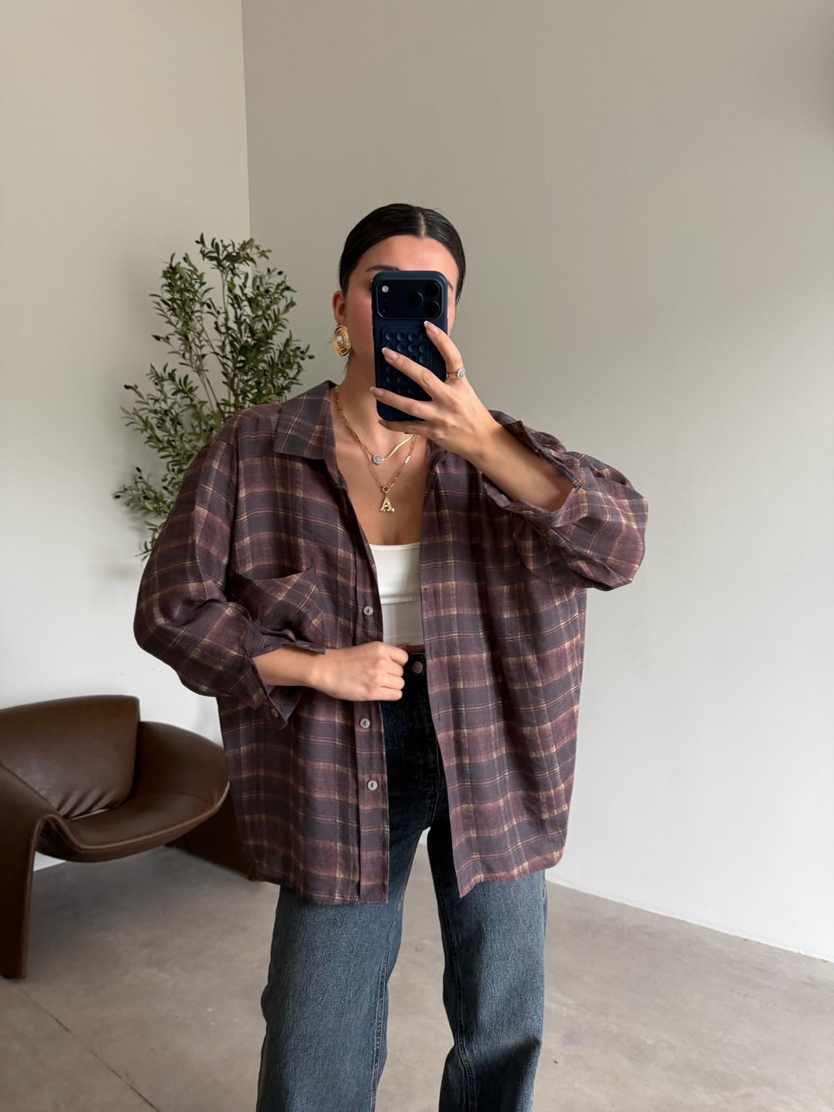 Mürdüm Ekose Oversize Gömlek