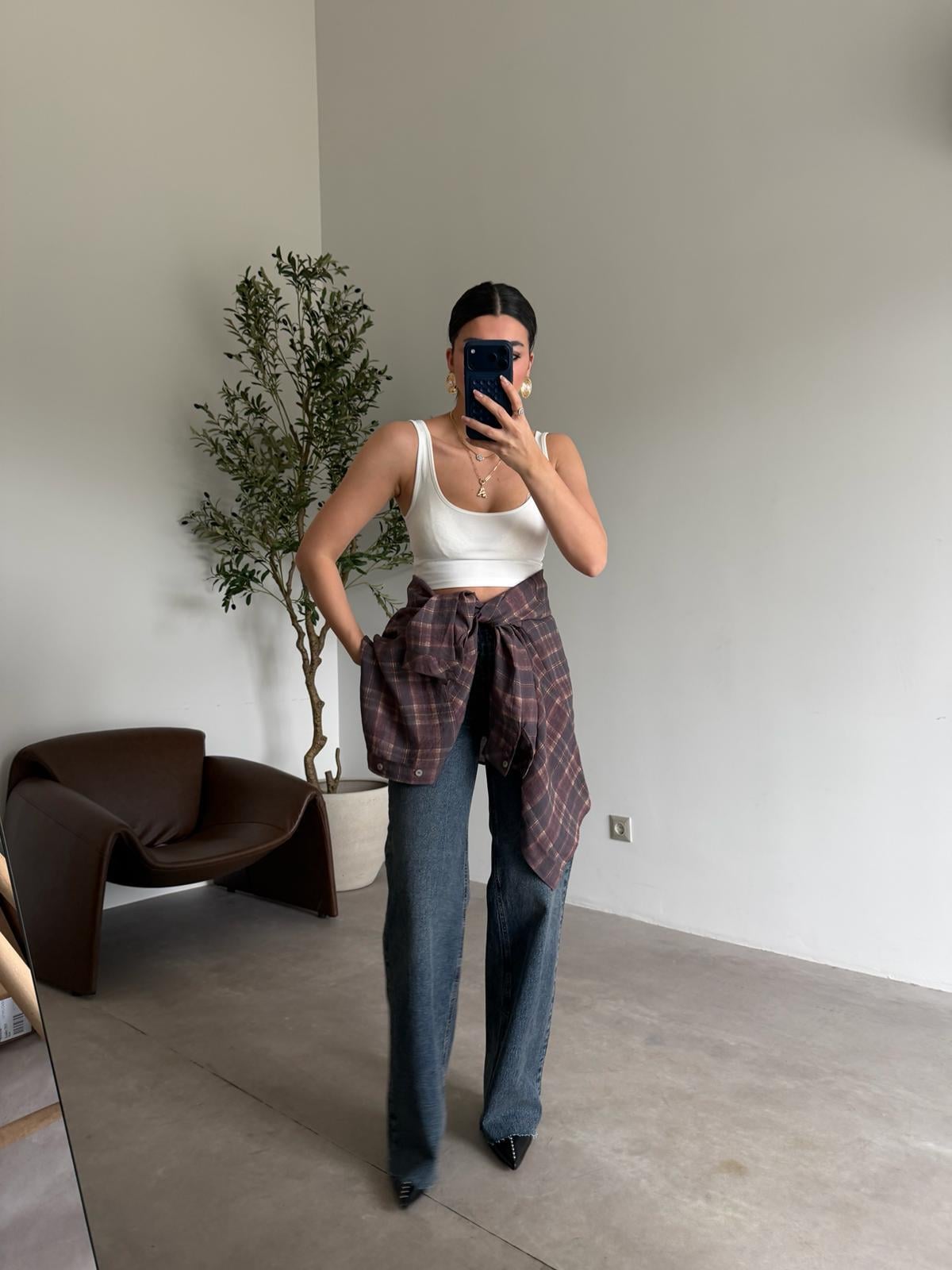Mürdüm Ekose Oversize Gömlek