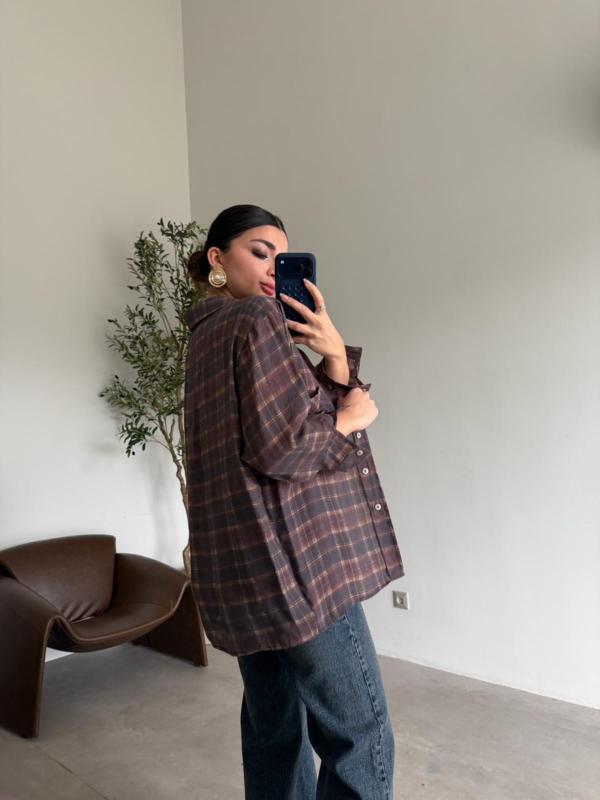Mürdüm Ekose Oversize Gömlek