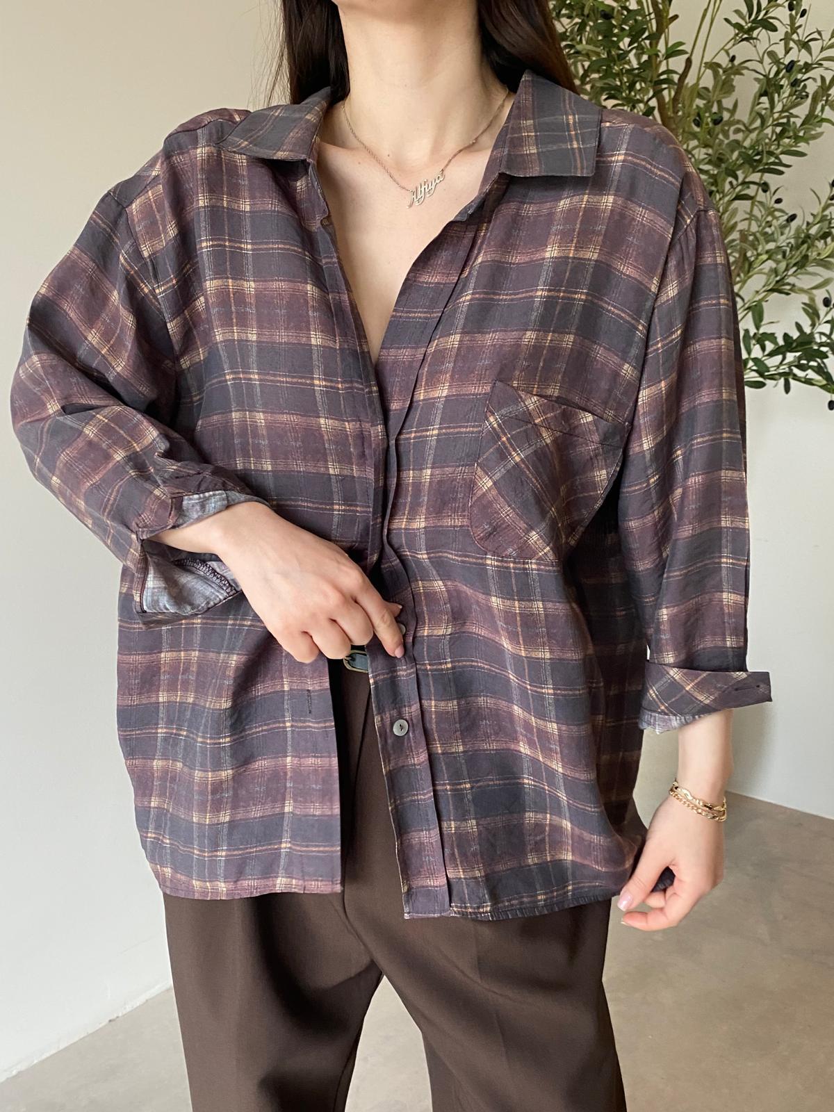 Mürdüm Ekose Oversize Gömlek