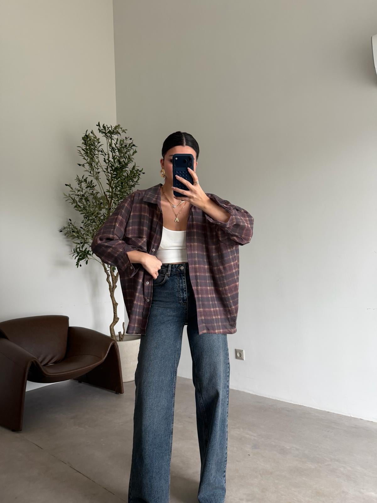 Mürdüm Ekose Oversize Gömlek