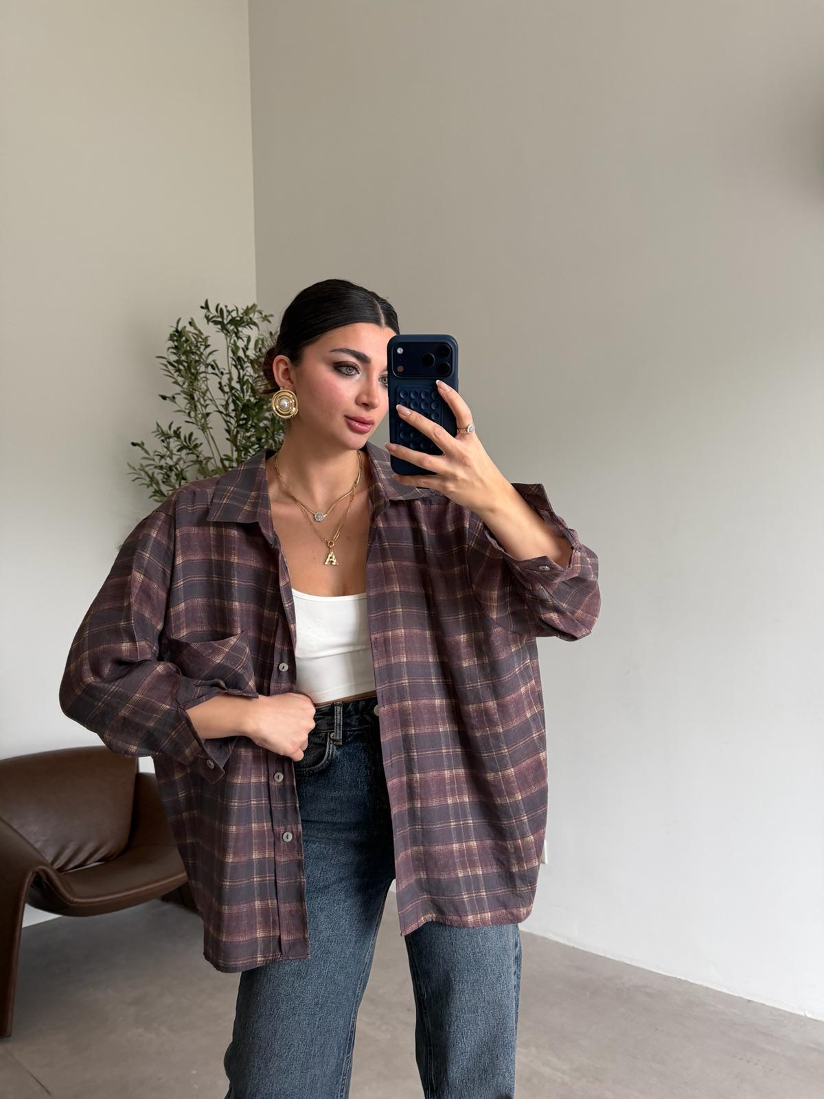 Mürdüm Ekose Oversize Gömlek