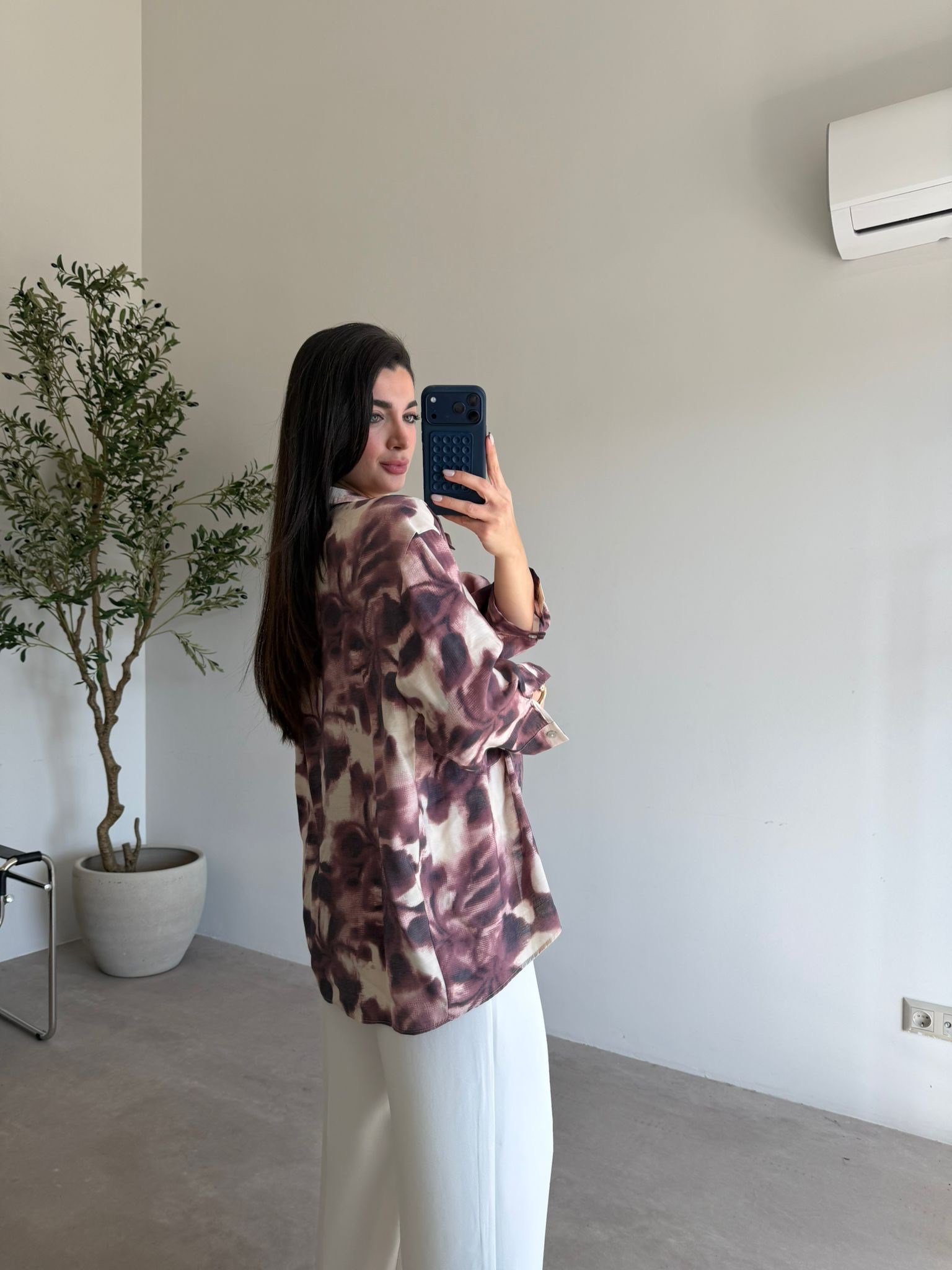 Mürdüm Kendinden Desenli Oversize Alice Gömlek
