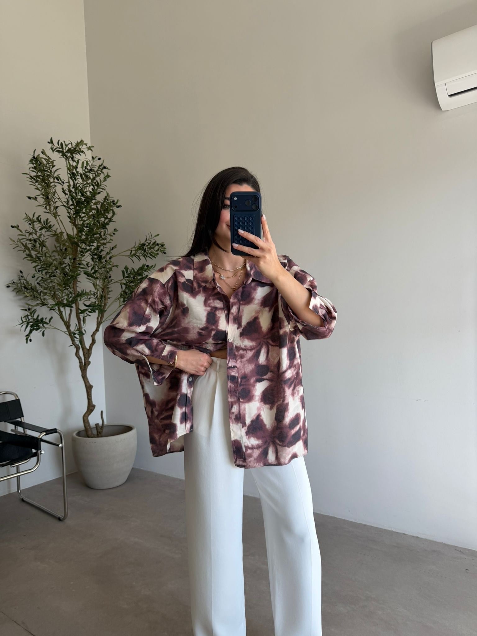 Mürdüm Kendinden Desenli Oversize Alice Gömlek