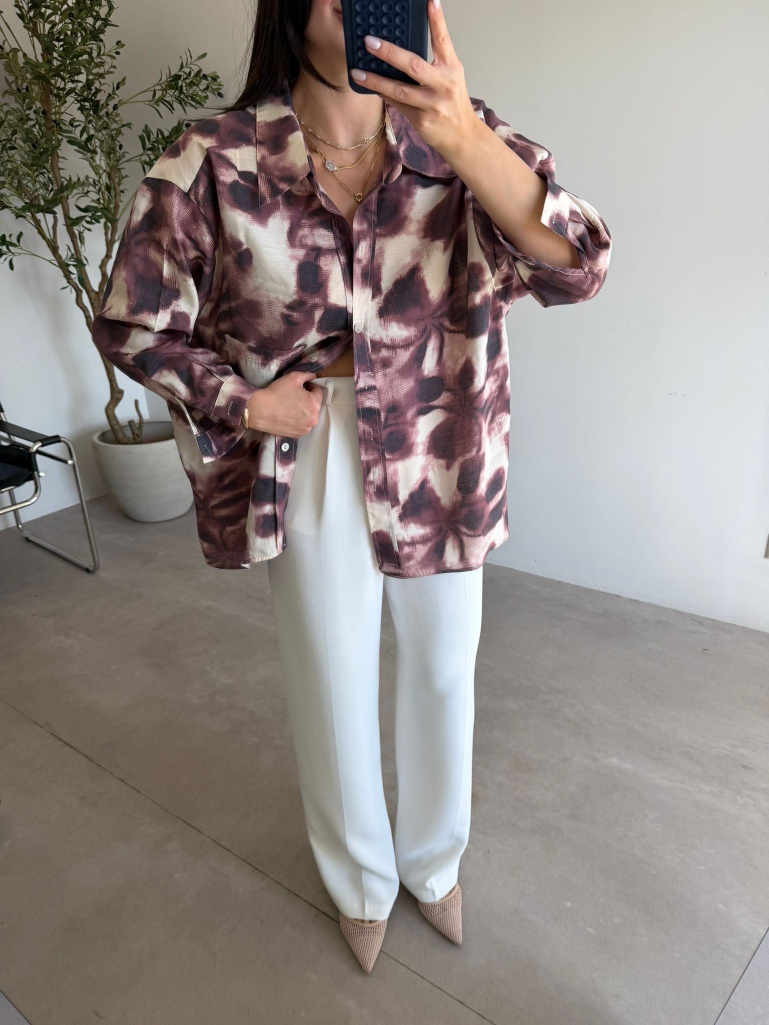 Mürdüm Kendinden Desenli Oversize Alice Gömlek