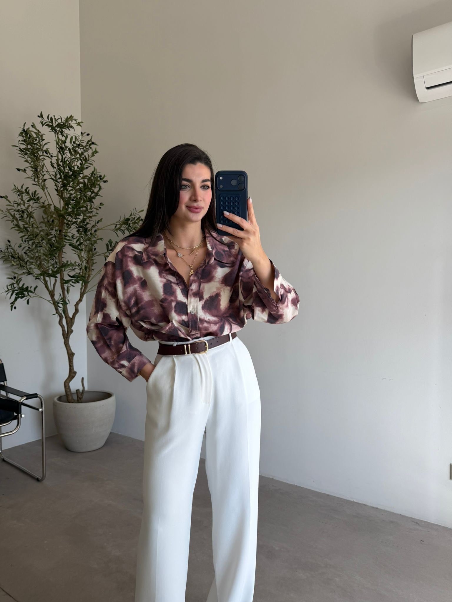 Mürdüm Kendinden Desenli Oversize Alice Gömlek
