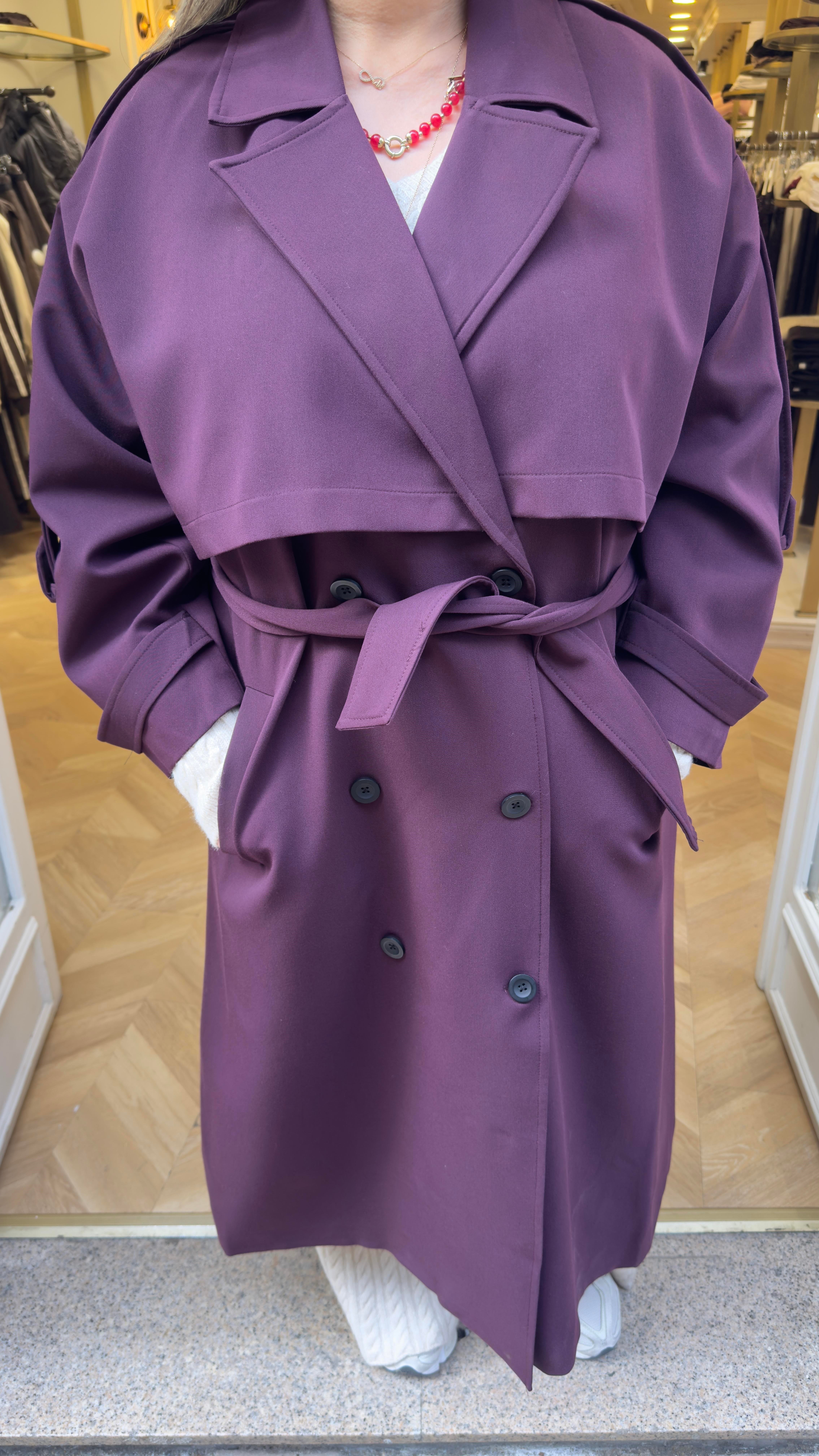 Mürdüm Oversize Astarlı Yumuşacık Aren Trenç