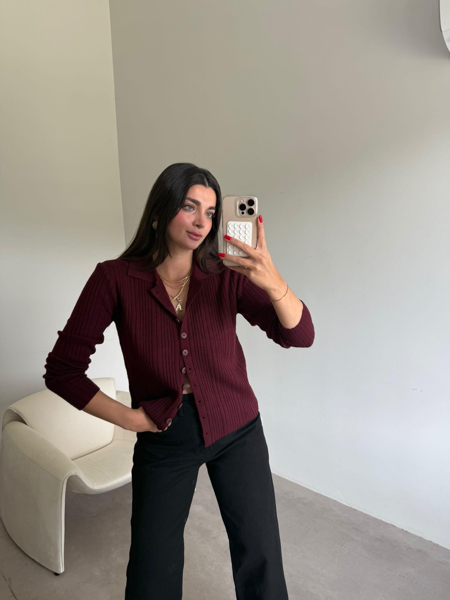 Mürdüm Polo Yaka Triko Hırka 