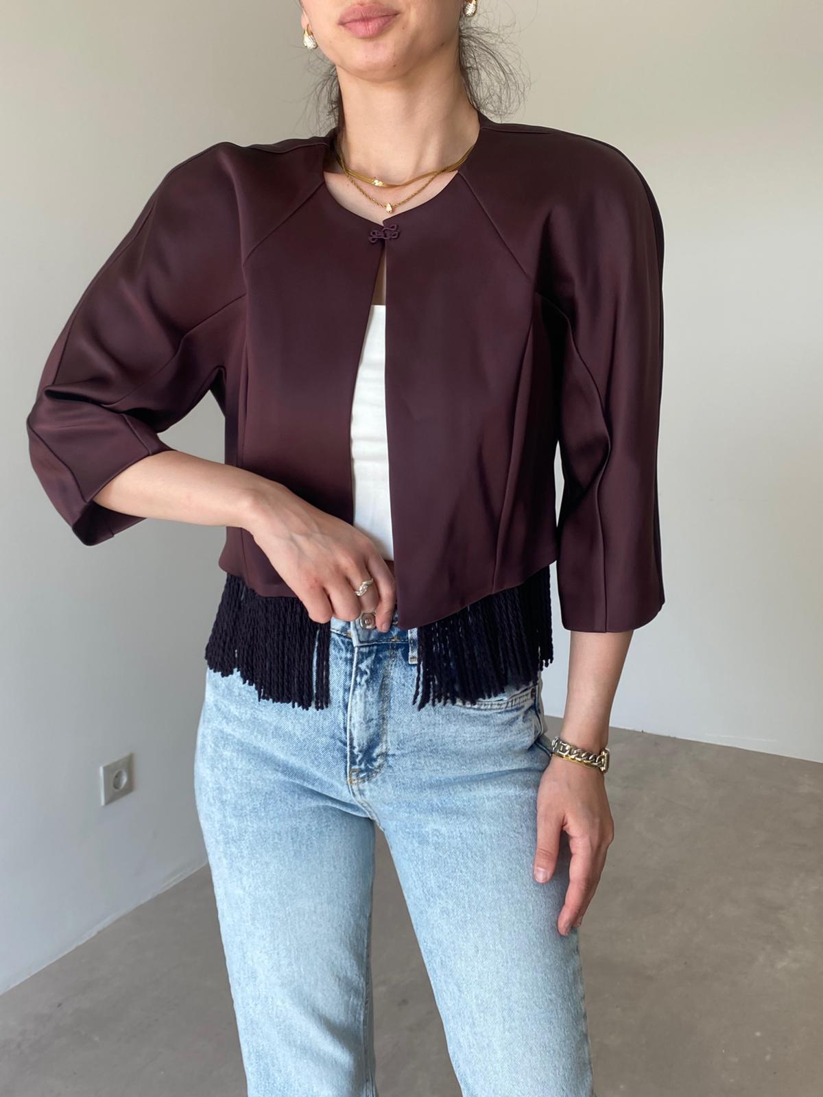 Mürdüm Püsküllü Crop Ceket 