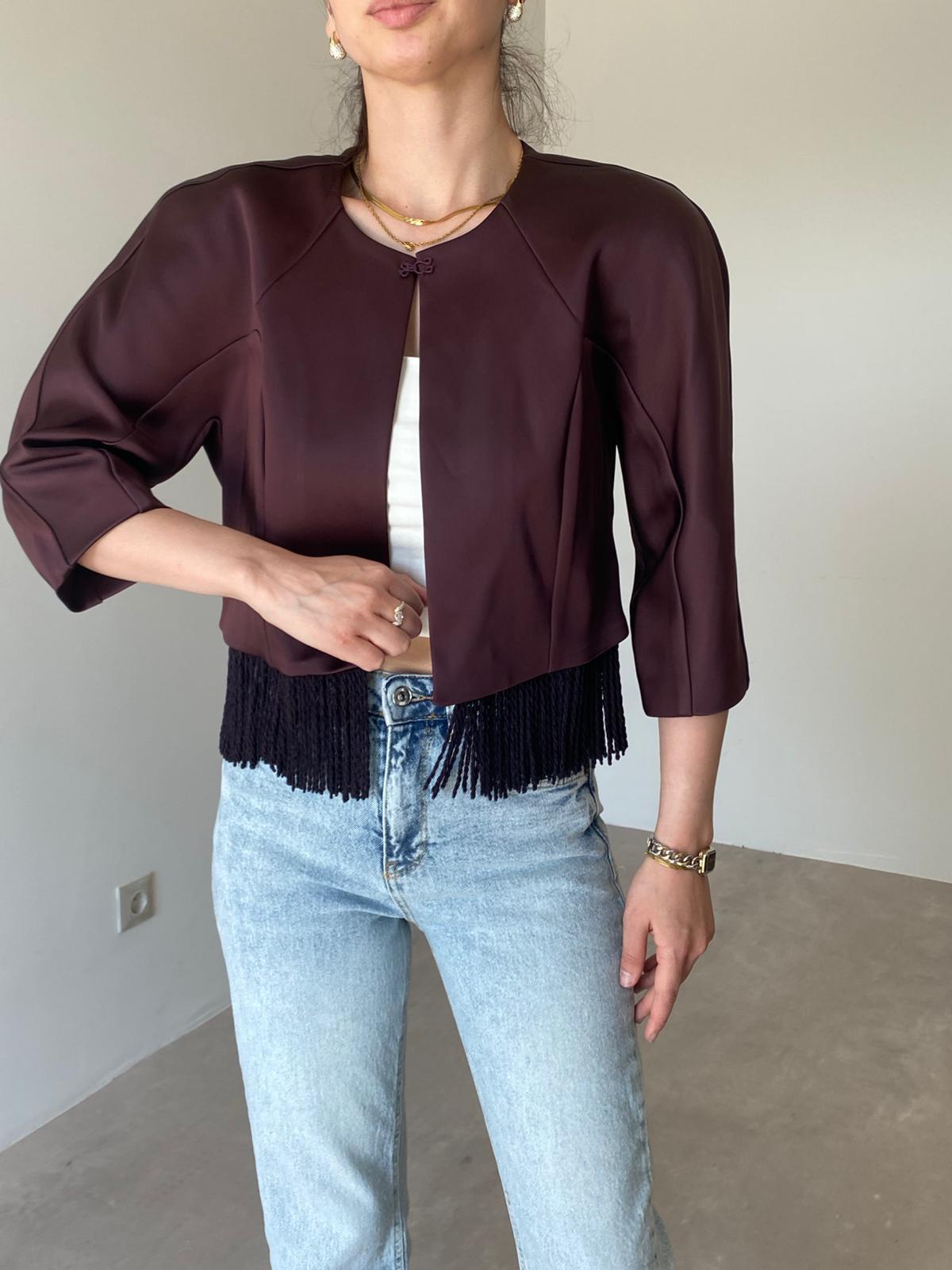 Mürdüm Püsküllü Crop Ceket 