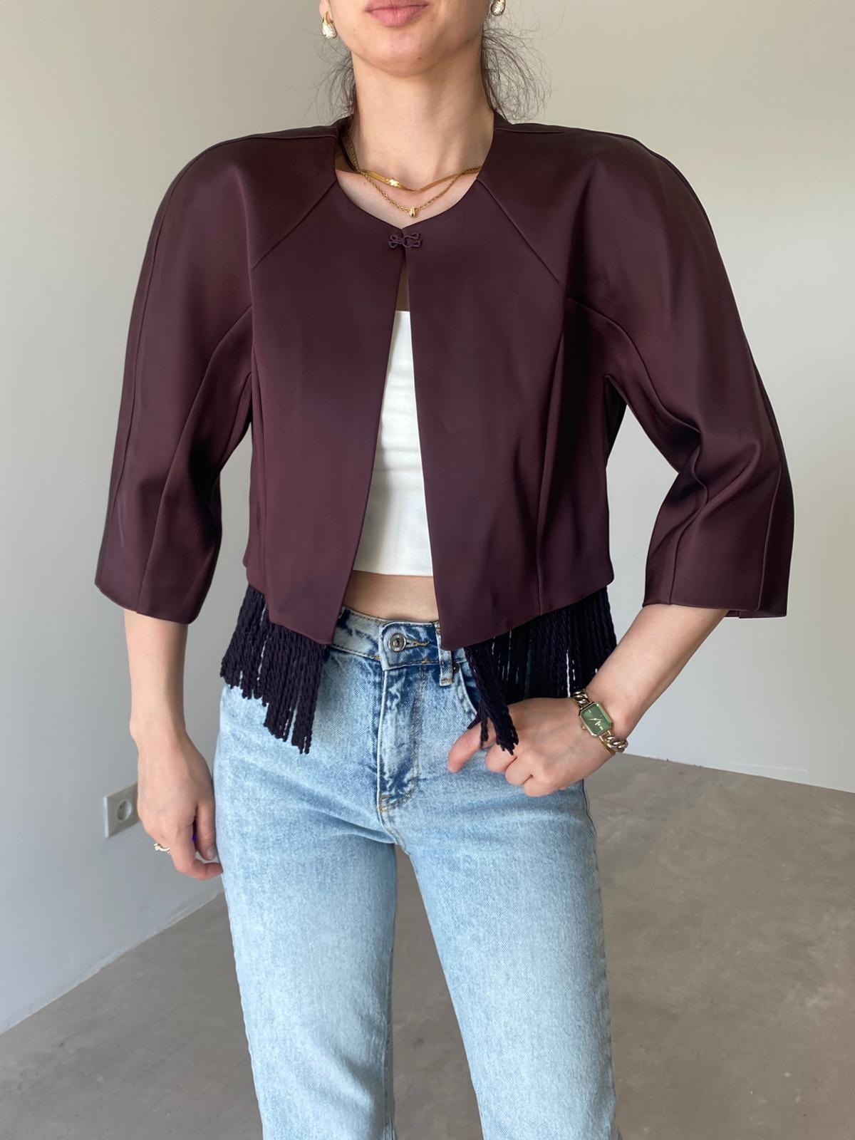 Mürdüm Püsküllü Crop Ceket 