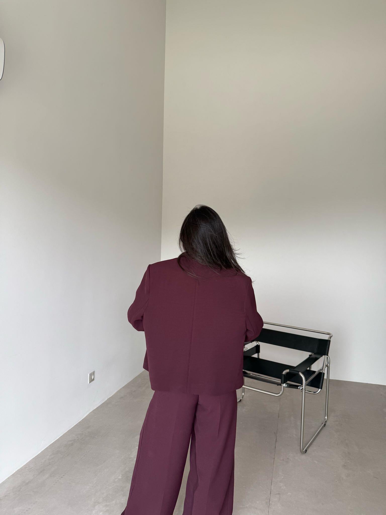 Mürdüm Siyah Düğme Detaylı Palazzo Ceket Takım