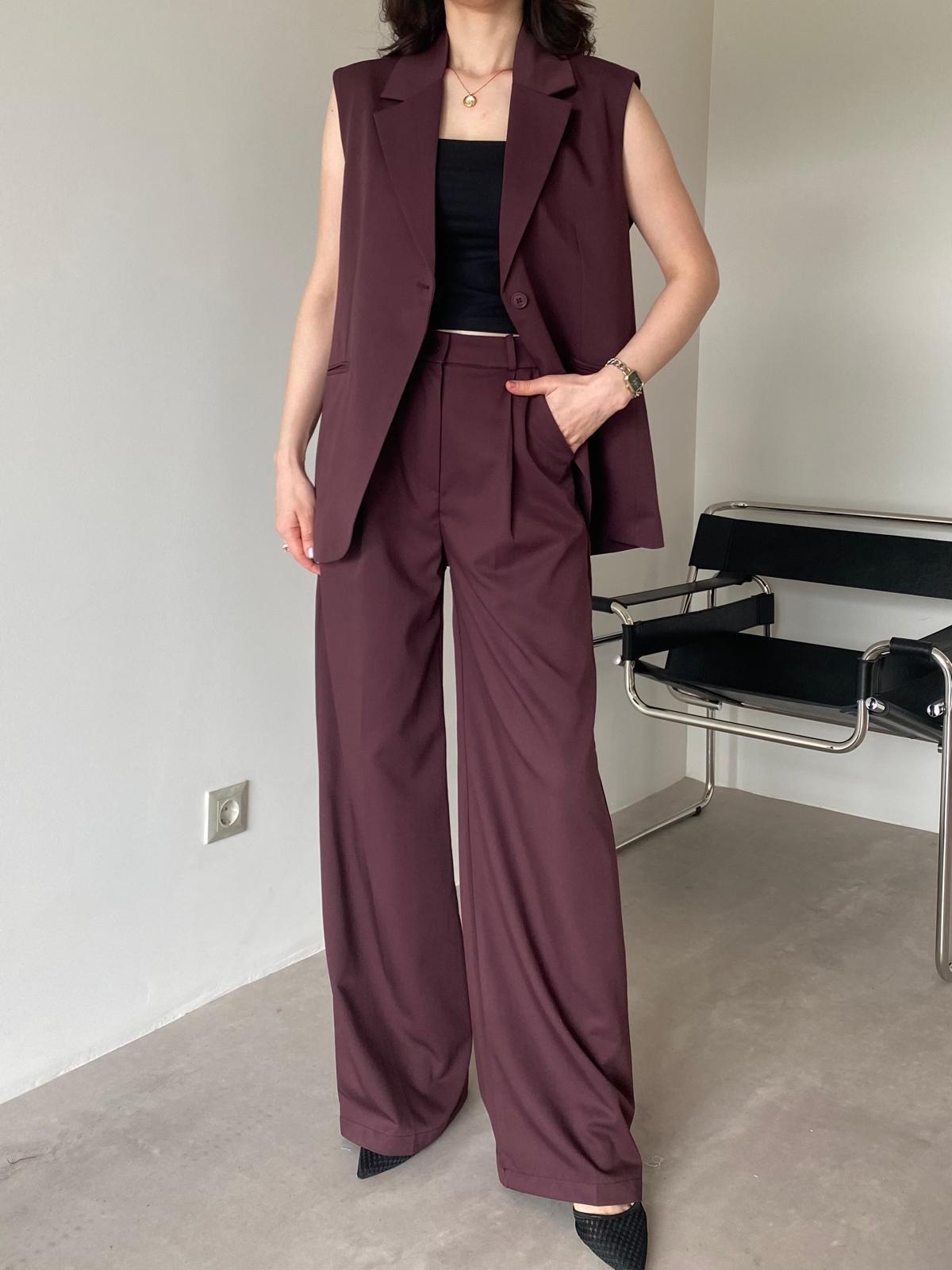 Mürdüm Tek Düğmeli Yelekli Takım