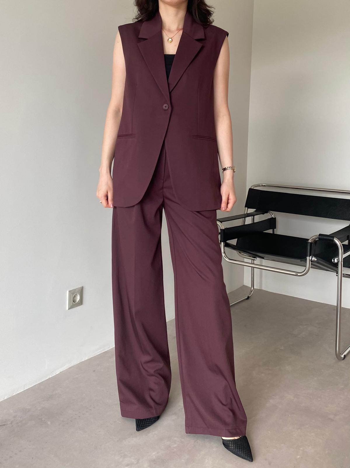 Mürdüm Tek Düğmeli Yelekli Takım