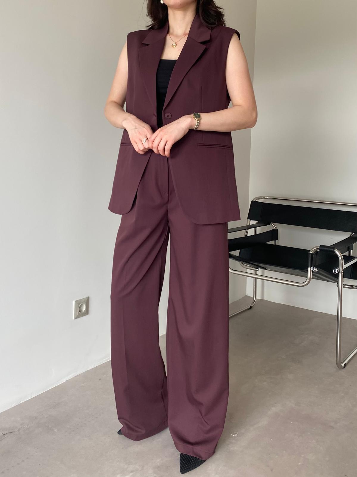 Mürdüm Tek Düğmeli Yelekli Takım