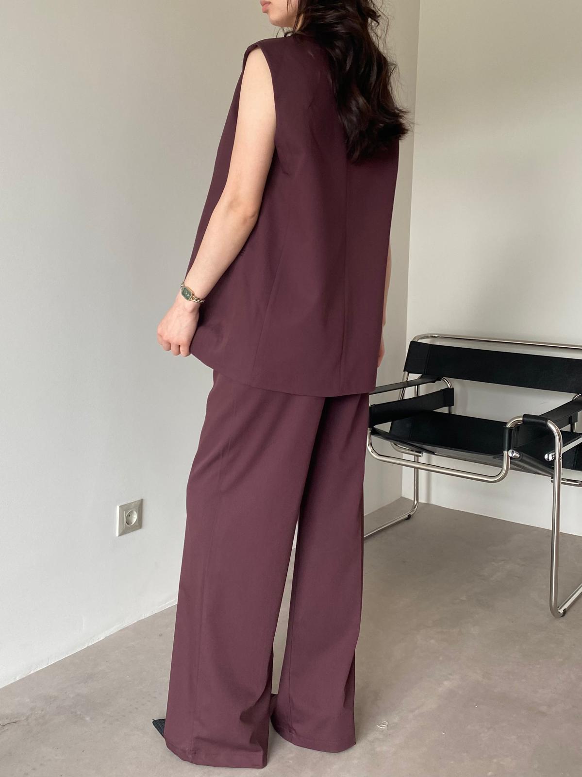 Mürdüm Tek Düğmeli Yelekli Takım