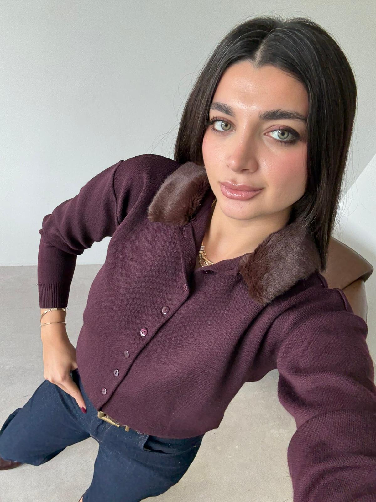 Mürdüm Yakası Kürklü Triko Hırka