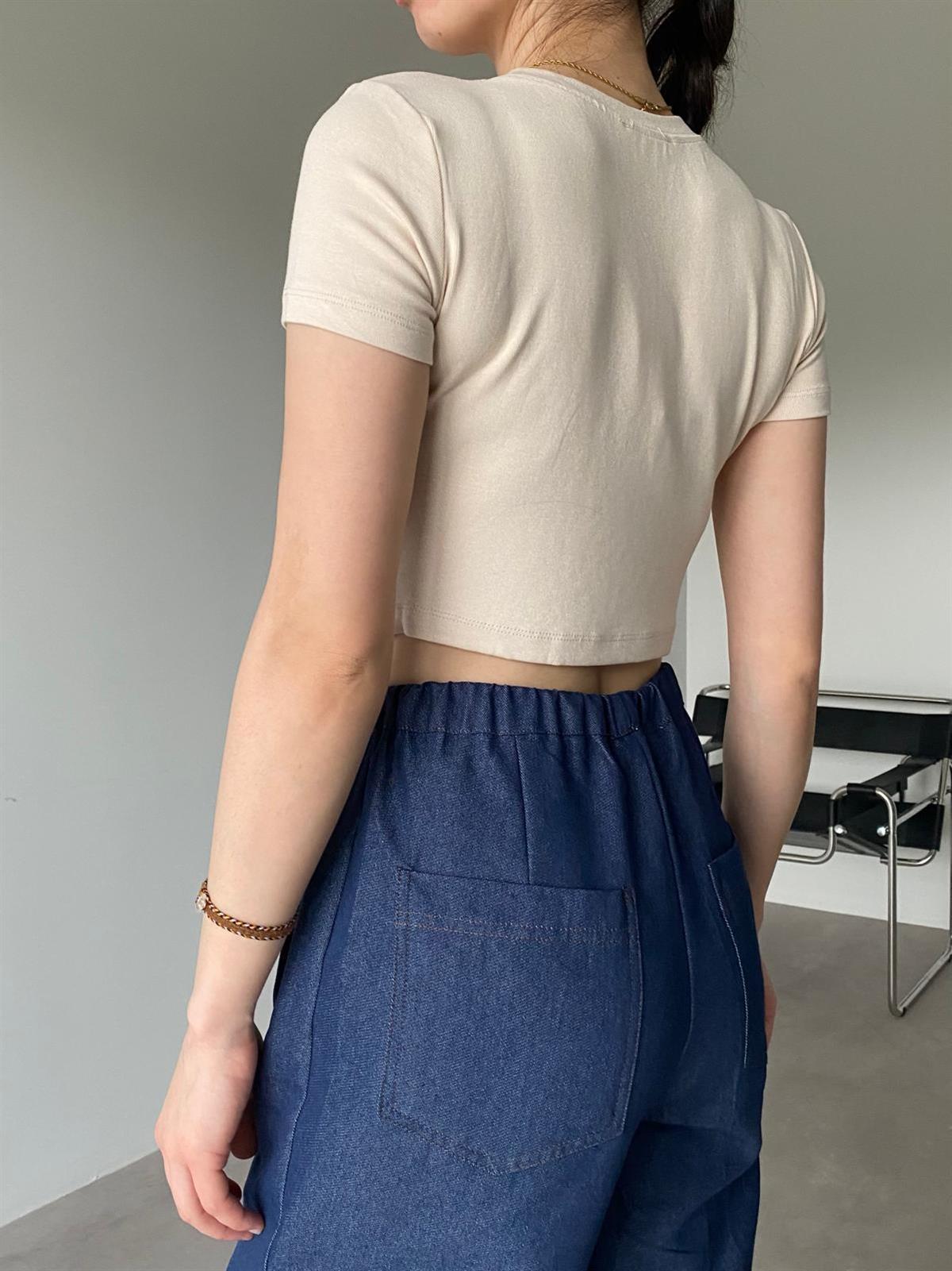Nude Likralı Esnek Leo Crop Tişört