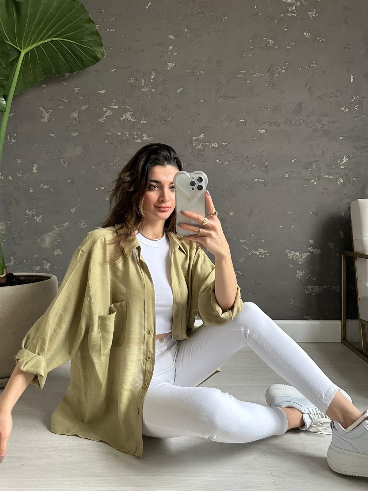 Olive Omzu Düşük Alice Gömlek