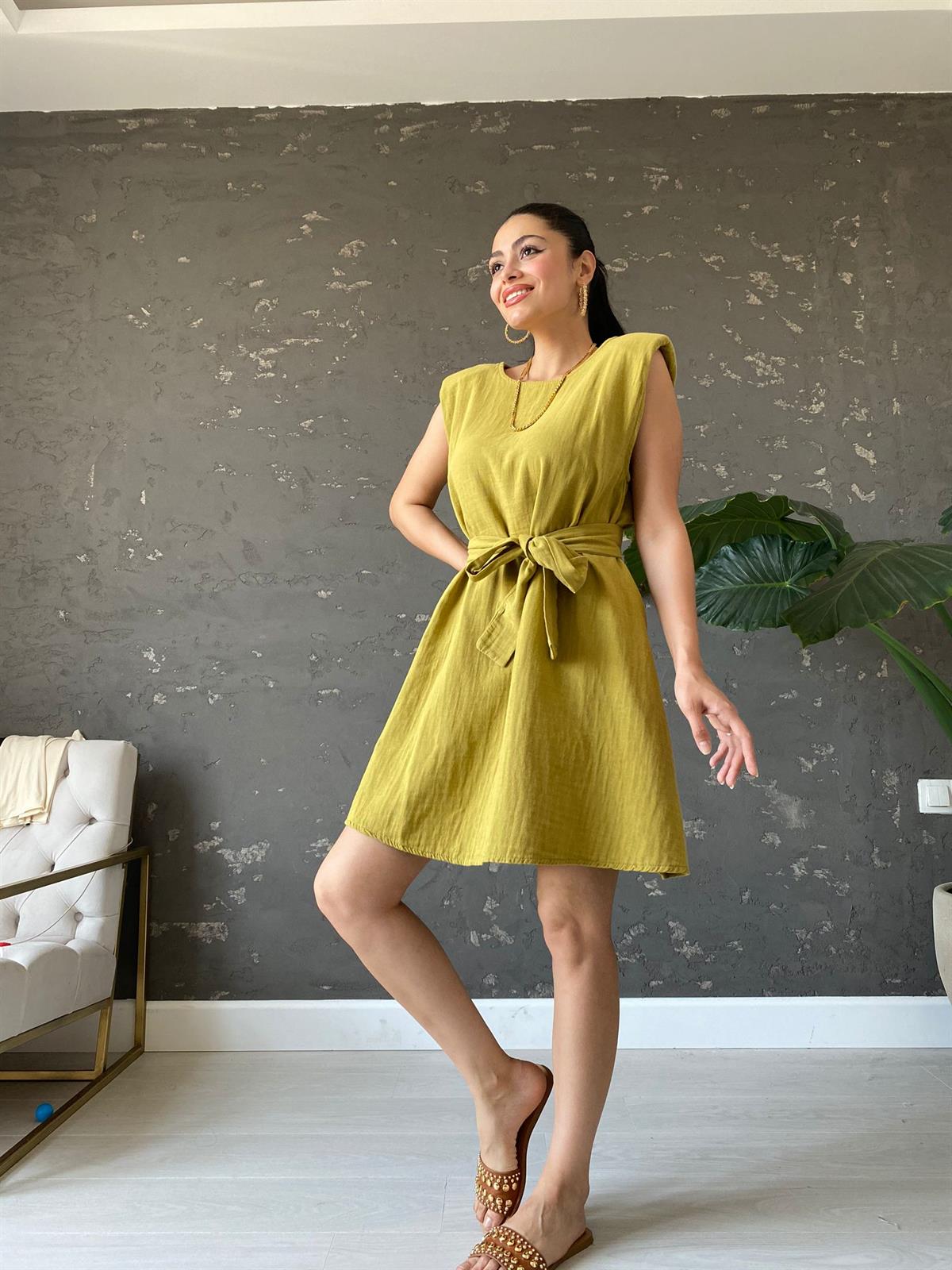 Olive Vatkalı Keten Elbise