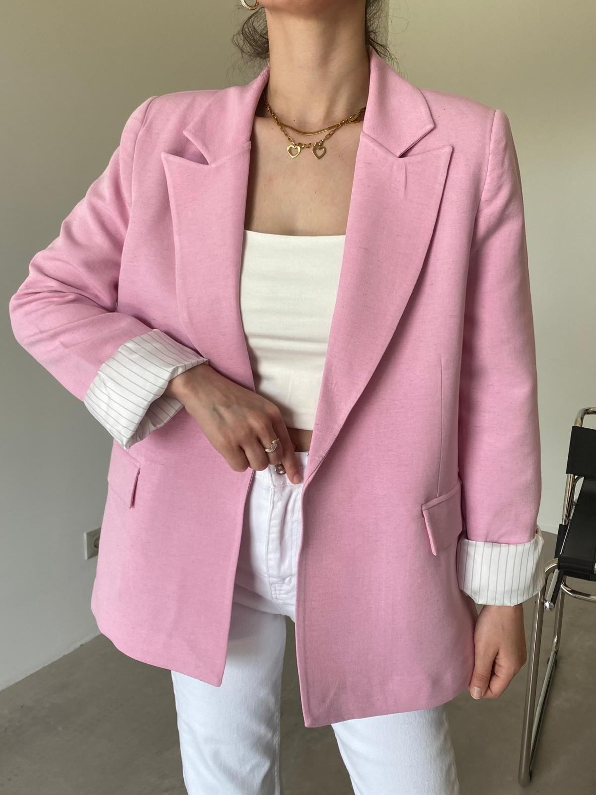 Pembe Astarlı Keten Blazer Ceket
