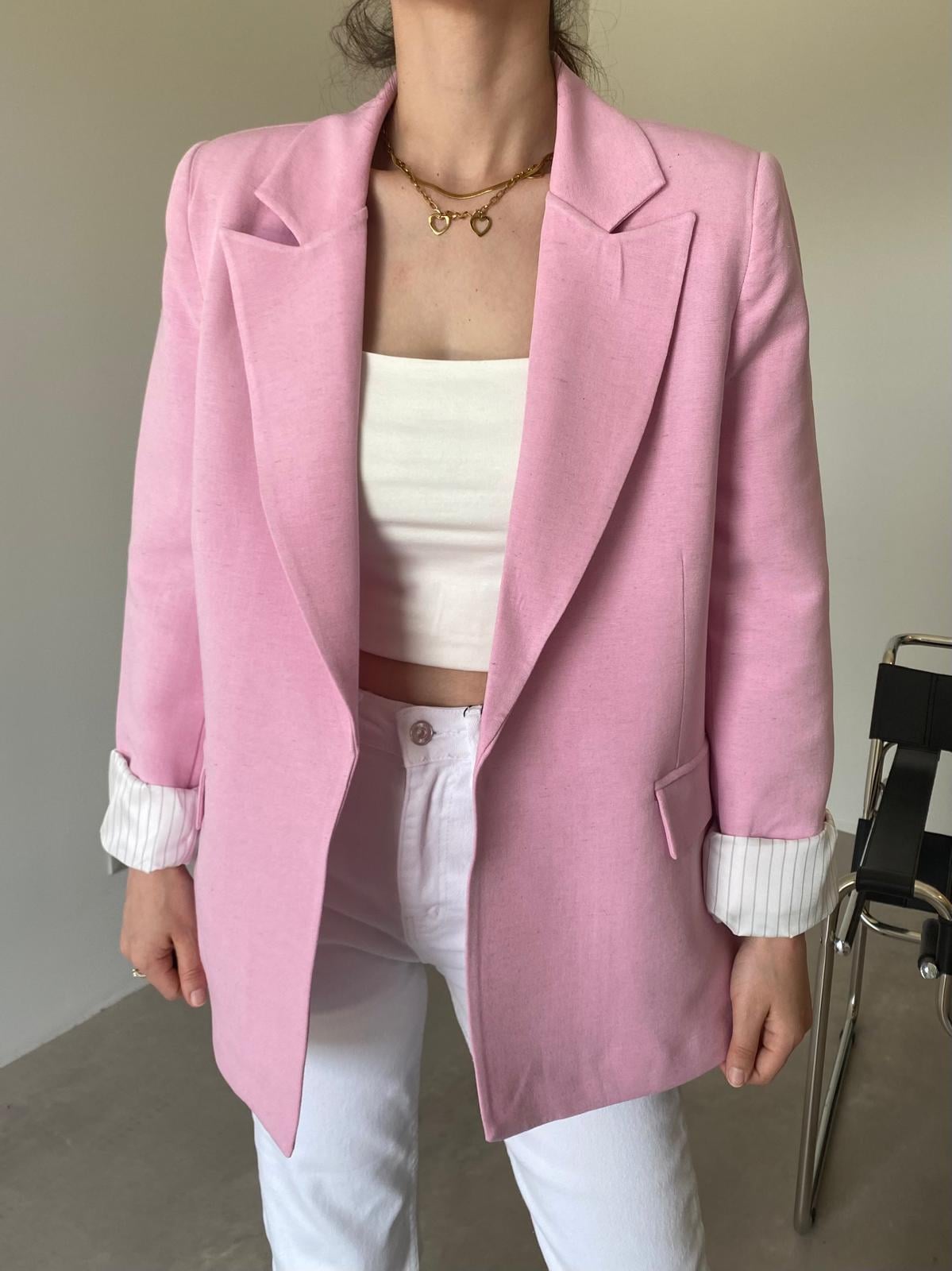 Pembe Astarlı Keten Blazer Ceket