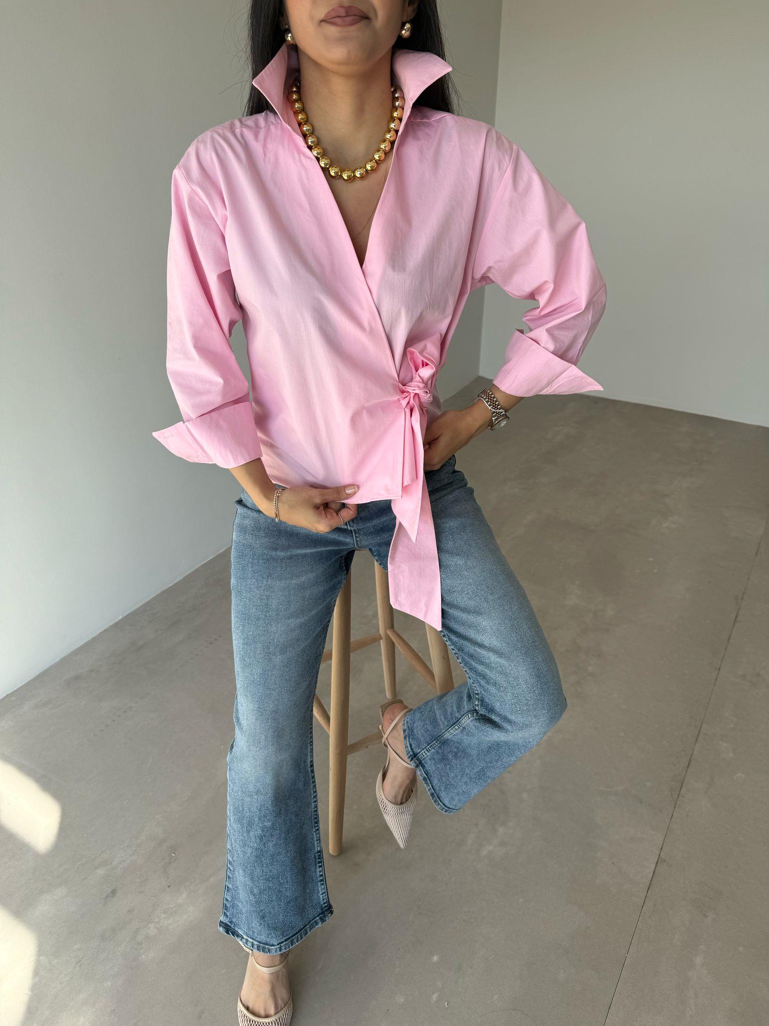 Pembe Bağlamalı Poplin Gömlek