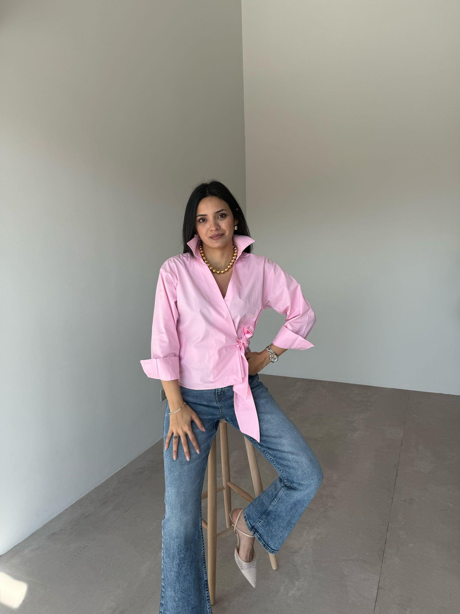 Pembe Bağlamalı Poplin Gömlek